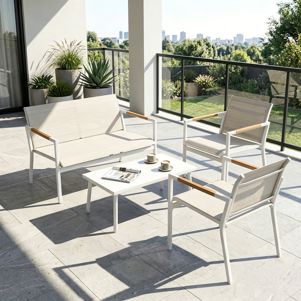 Solarias Salon de Jardin 4 Pièces en Textilène, Canapé, 2 Fauteuils, Table Basse avec Plateau en Métal, 106x70,5x77cm, Crème