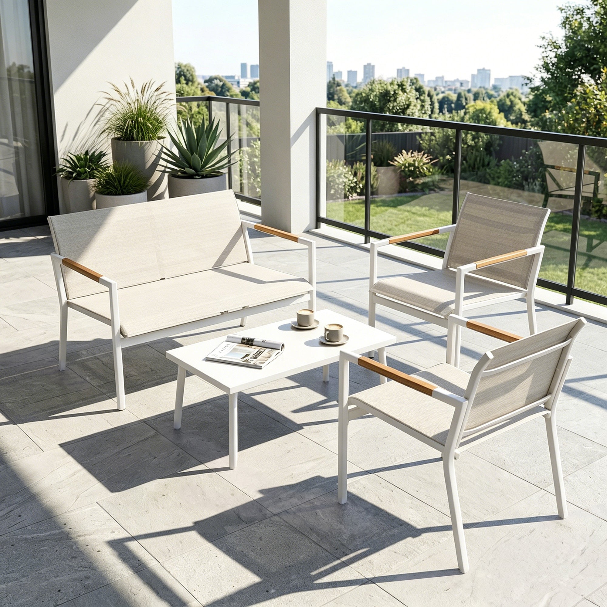 Solarias Salon de Jardin 4 Pièces en Textilène, Canapé, 2 Fauteuils, Table Basse avec Plateau en Métal, 106x70,5x77cm, Crème