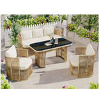 Solarias Ensemble de jardin 5‑pièces PE‑rotin, canapé 3‑places, 2 fauteuils et table en verre, Beige+Noir+Blanc