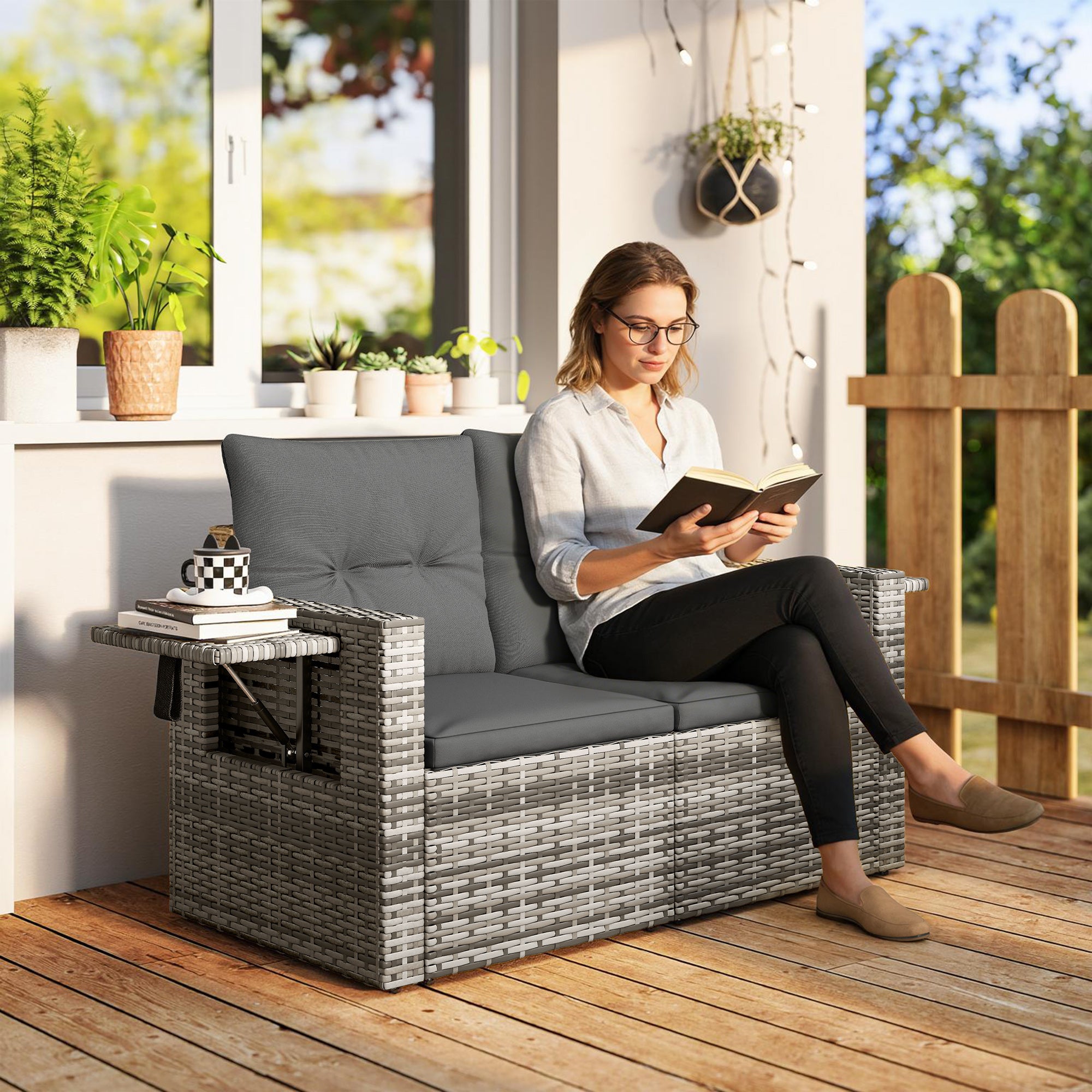 Solarias Canapé 2 places en rotin avec coussins Pliable Plateaux latéraux Sofa lounge Gris clair