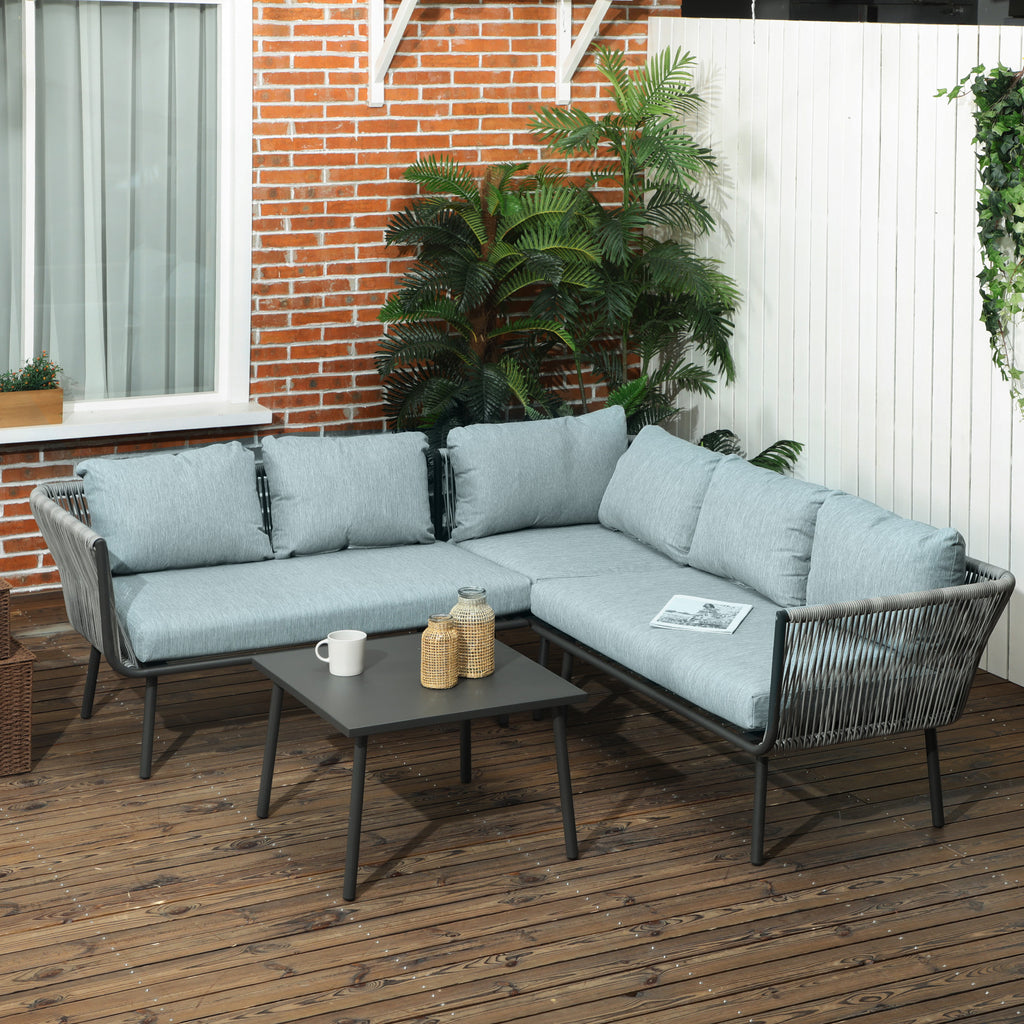 Solarias Salon de jardin d'angle 4 pièces avec 2 canapé d'angle 2 places + 1 canapé d'angle 1 place + table basse coussins g