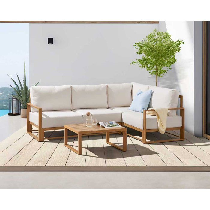 Solarias Salon de jardin canapé d'angle SANTA - Aluminium effet bois - 5 personnes - Ecru