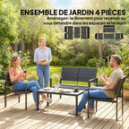 Solarias Salon de jardin extérieur 4 pièces canapé 2 places, 2 chaises et table basse, mobilier de jardin terrasse veranda, 