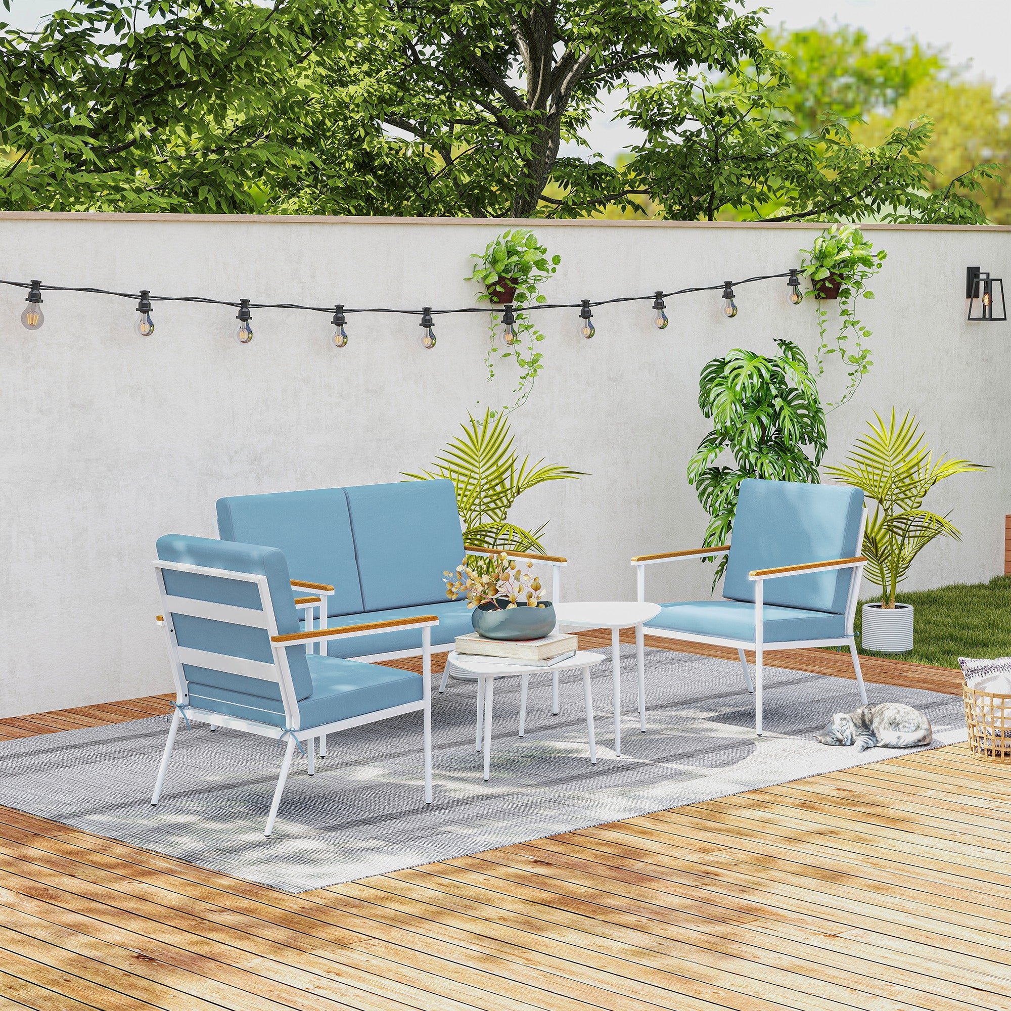 Solarias Salon de jardin extérieur 4 personnes, salon de balcon 5 pièces avec canapé, 2 fauteuils et 2 tables basses bleu cl