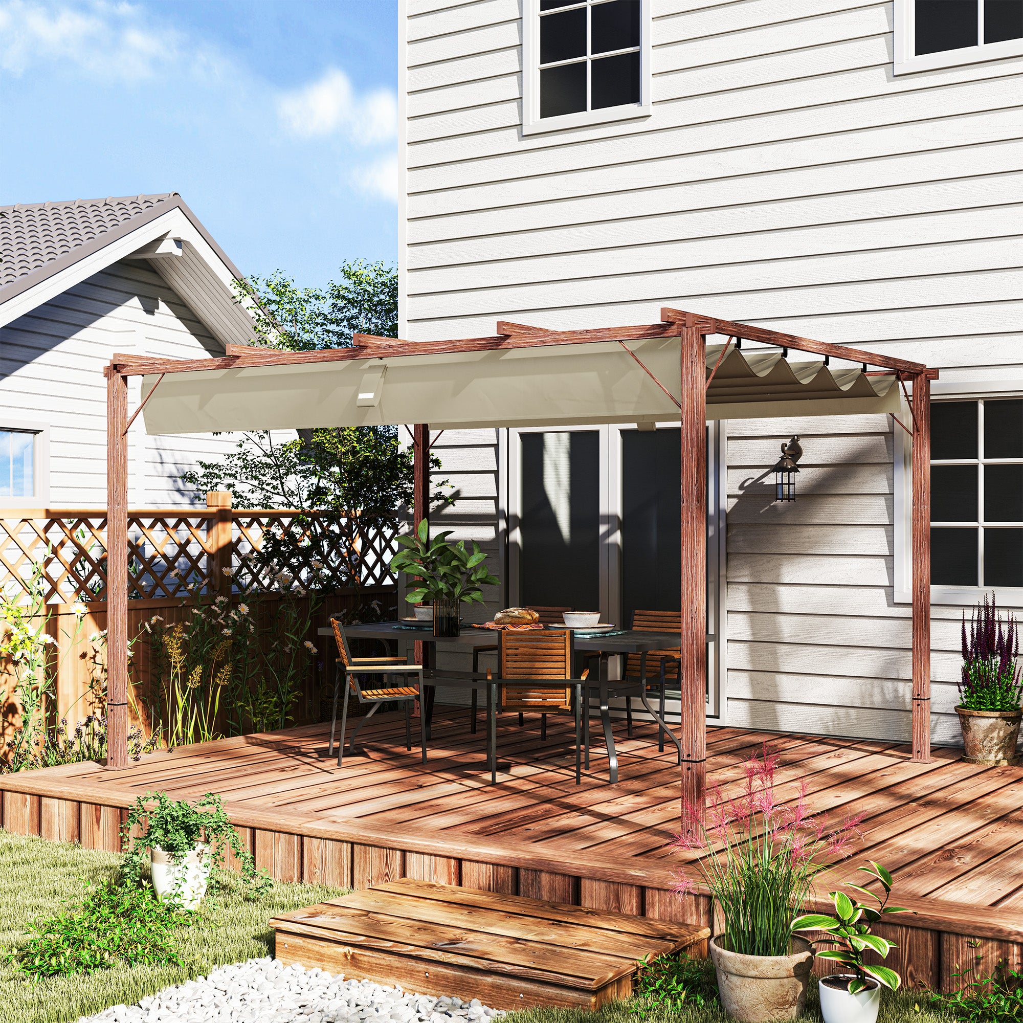 Solarias Pergola de jardin 3 x 4 m, Toit de terrasse réglable, Cadre en aluminium, Protection solaire UPF30+, Bois naturel