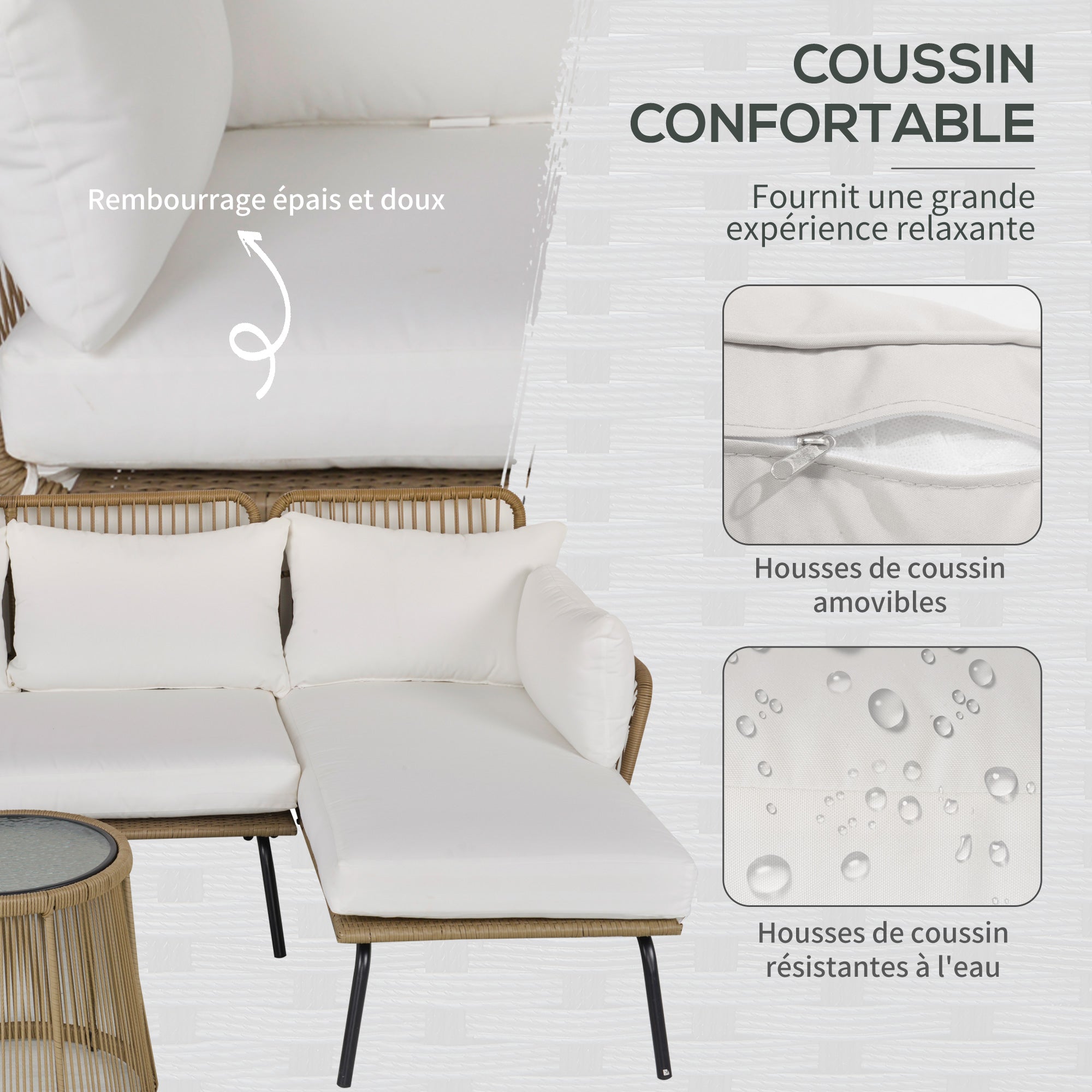Solarias Salon de jardin extérieur d'angle moduable 4 places en résine tressée canapé de jardin extérieur avec table basse c