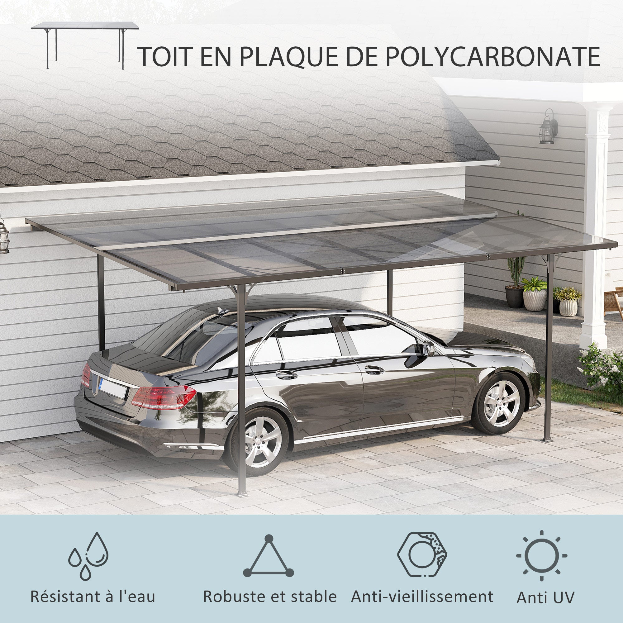 Solarias Pergola rigide alu. polycarbonate pavillon de jardin abri de voiture 500 x 299 x 195/223 cm gris