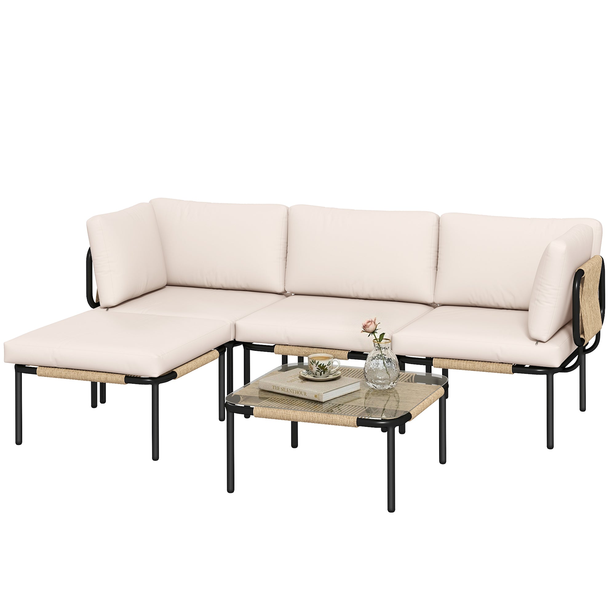 Solarias Ensemble lounge en Polyrattan 5 pièces avec 3 fauteuils, table en verre, repose-pieds, assise large & profonde, cou