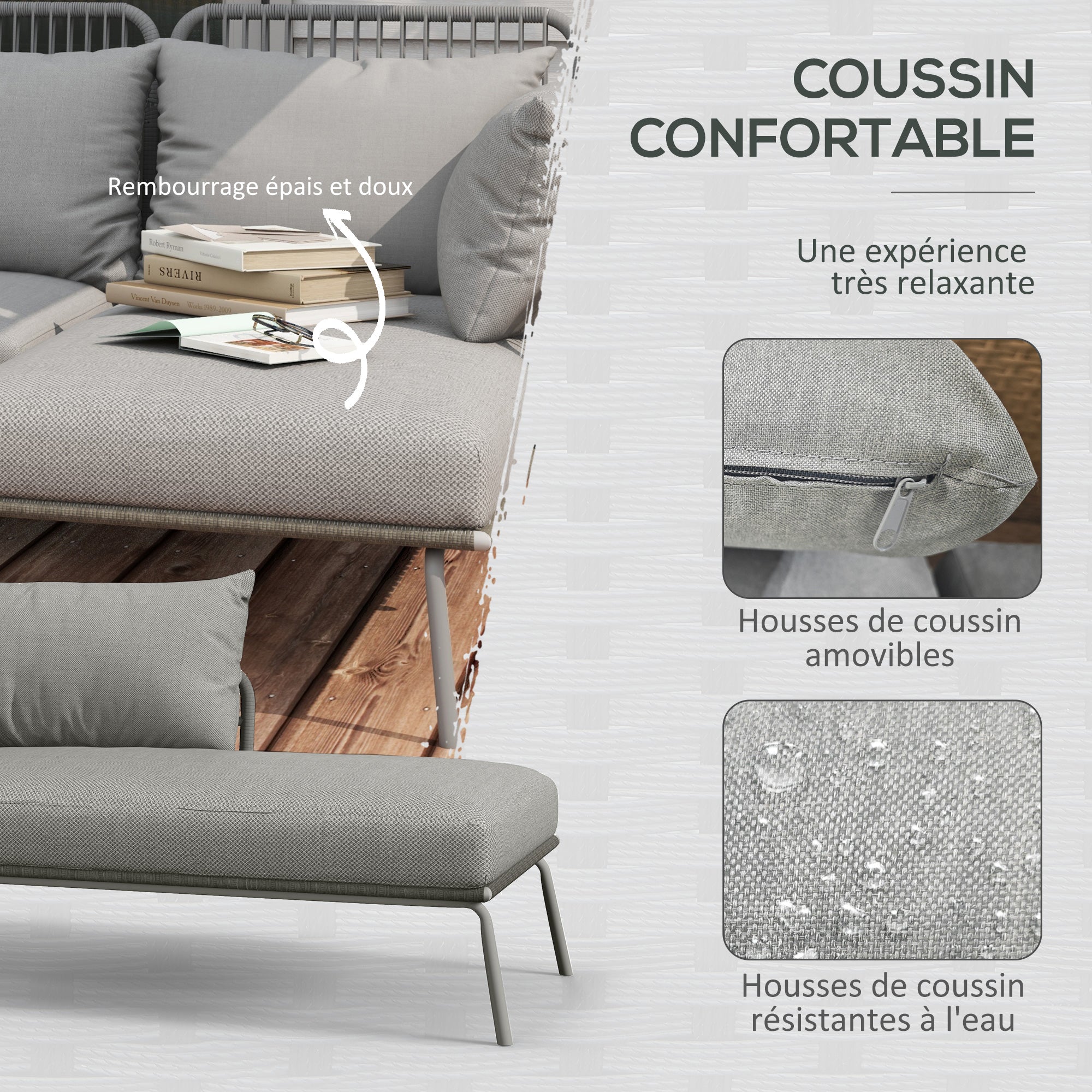 Solarias Salon de jardin d'angle 4 pers. style colonial table basse coussins grand confort inclus résine tressée gris