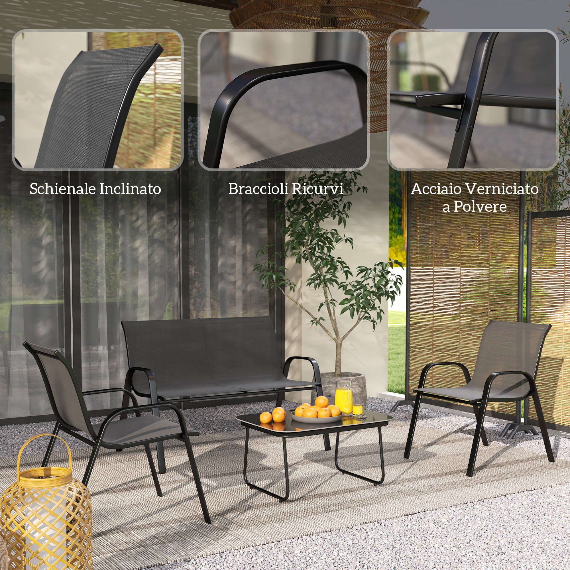 Solarias Ensemble de Jardin Outsunny avec Canapé 2 Places, 2 Fauteuils Empilables et Table Basse en Verre, Noir