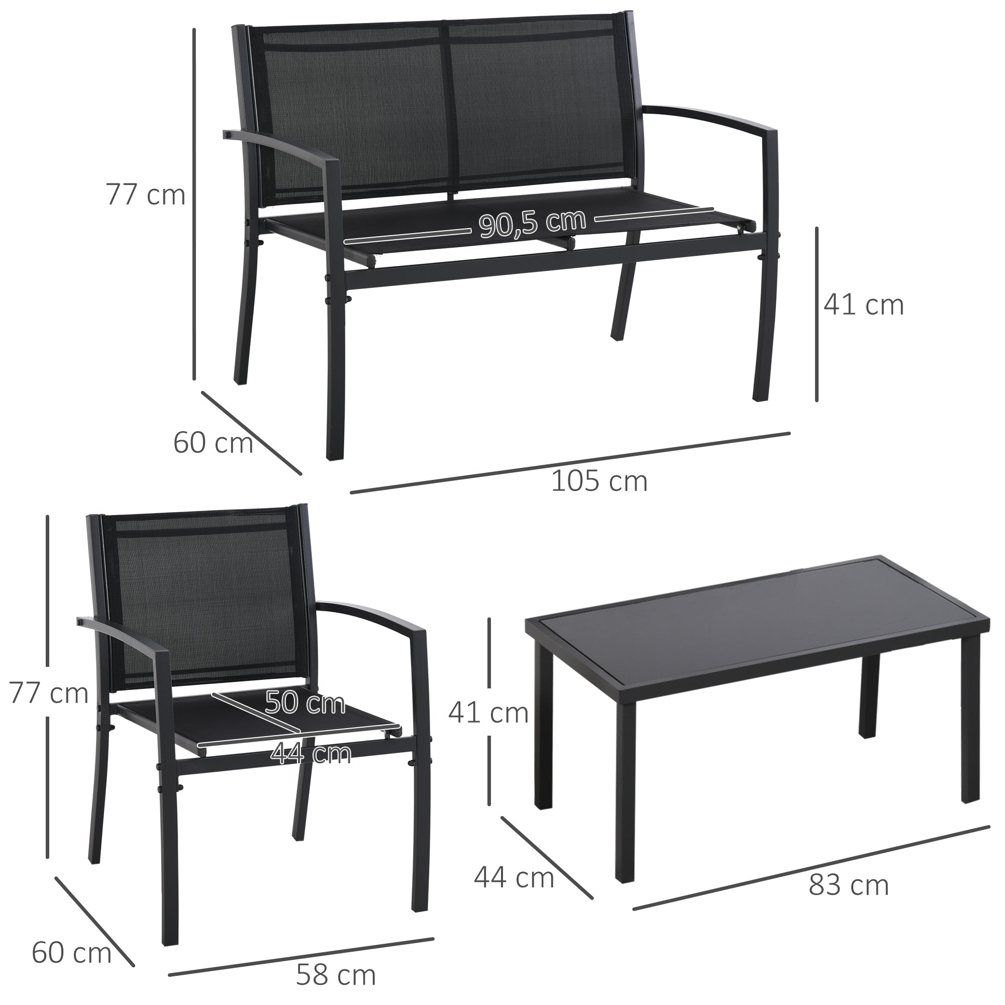 Solarias Salon de jardin extérieur 4 pièces avec canapé 2 places, 2 chaises et table basse en verre trempé, coussins inclus,