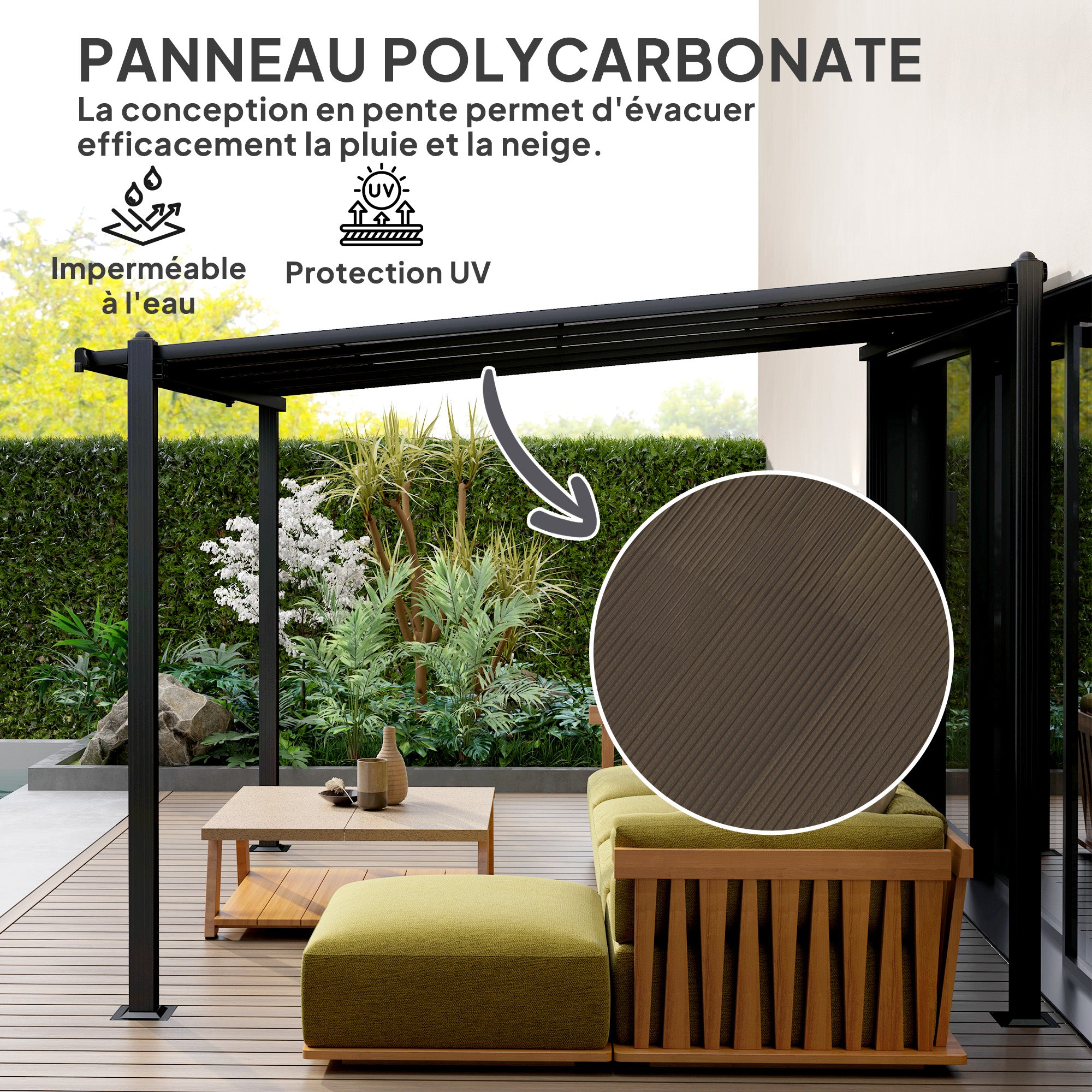 Solarias Pergola jardin extérieur en aluminium 3 x 3 m avec toit en polycarbonate imperméable et système de drainage, gris