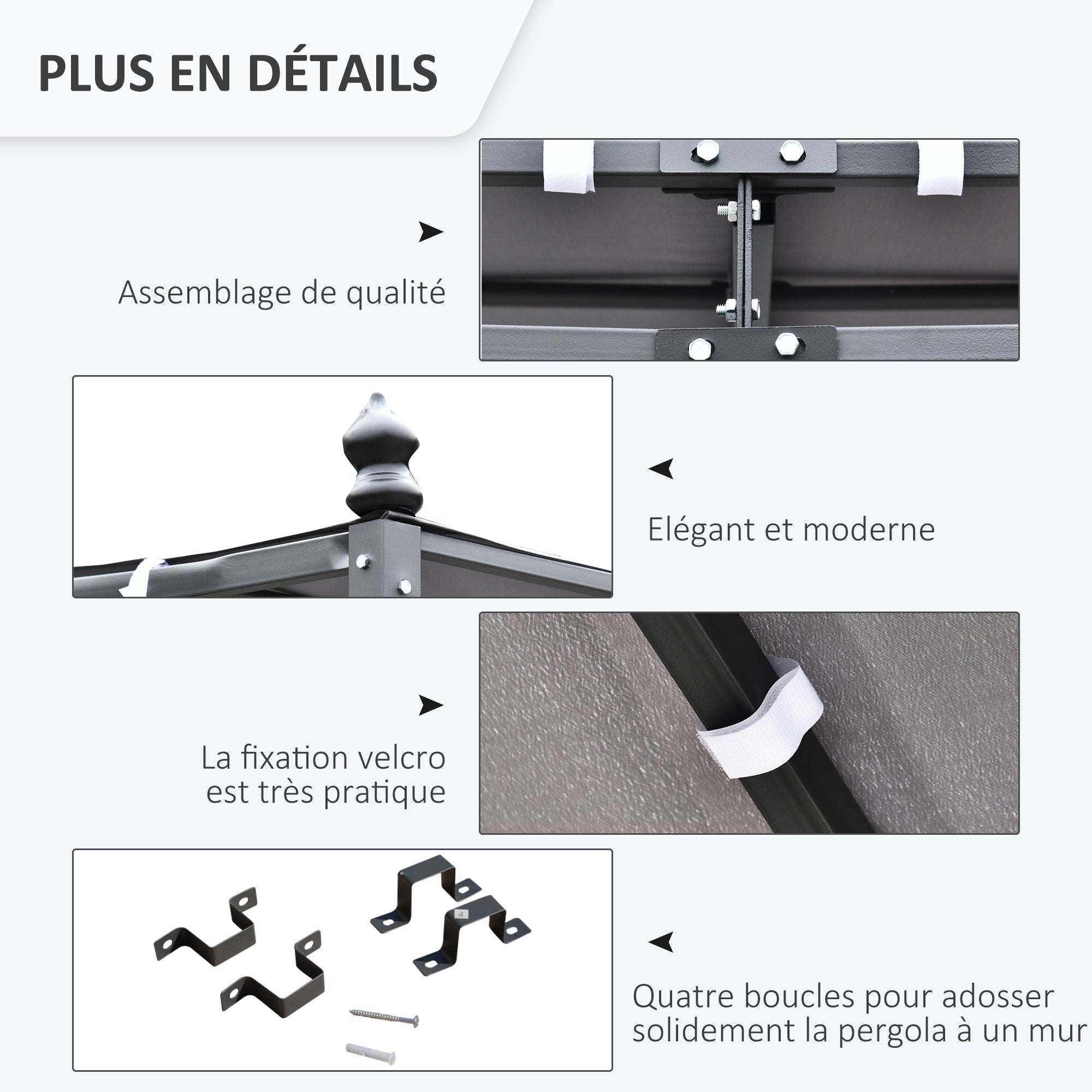 Solarias Pergola tonnelle de jardin auvent 3 x 3 m adossable métal gris polyester imperméabilisé anti-UV gris