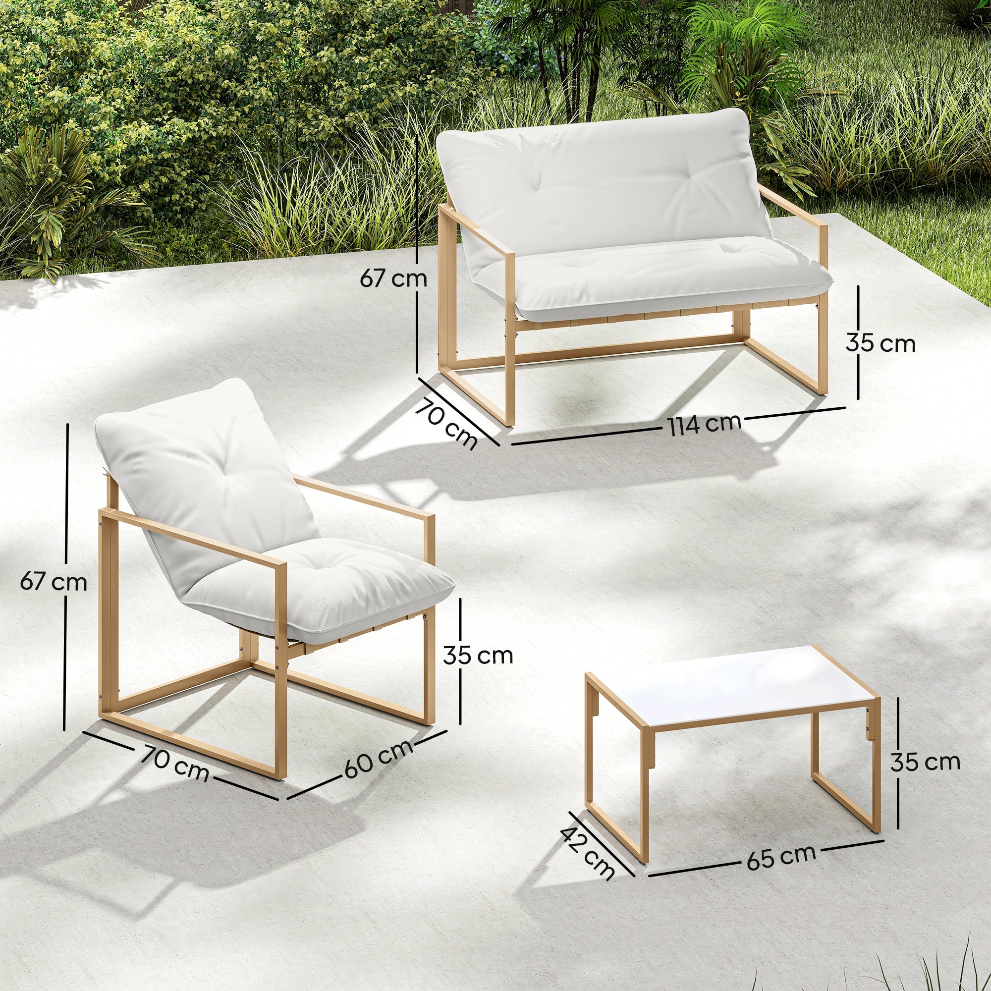 Solarias Salon de jardin extérieur 4 pièces avec coussins ultra-épais 15cm canapé 2 places avec table basse et 2 fauteuils k