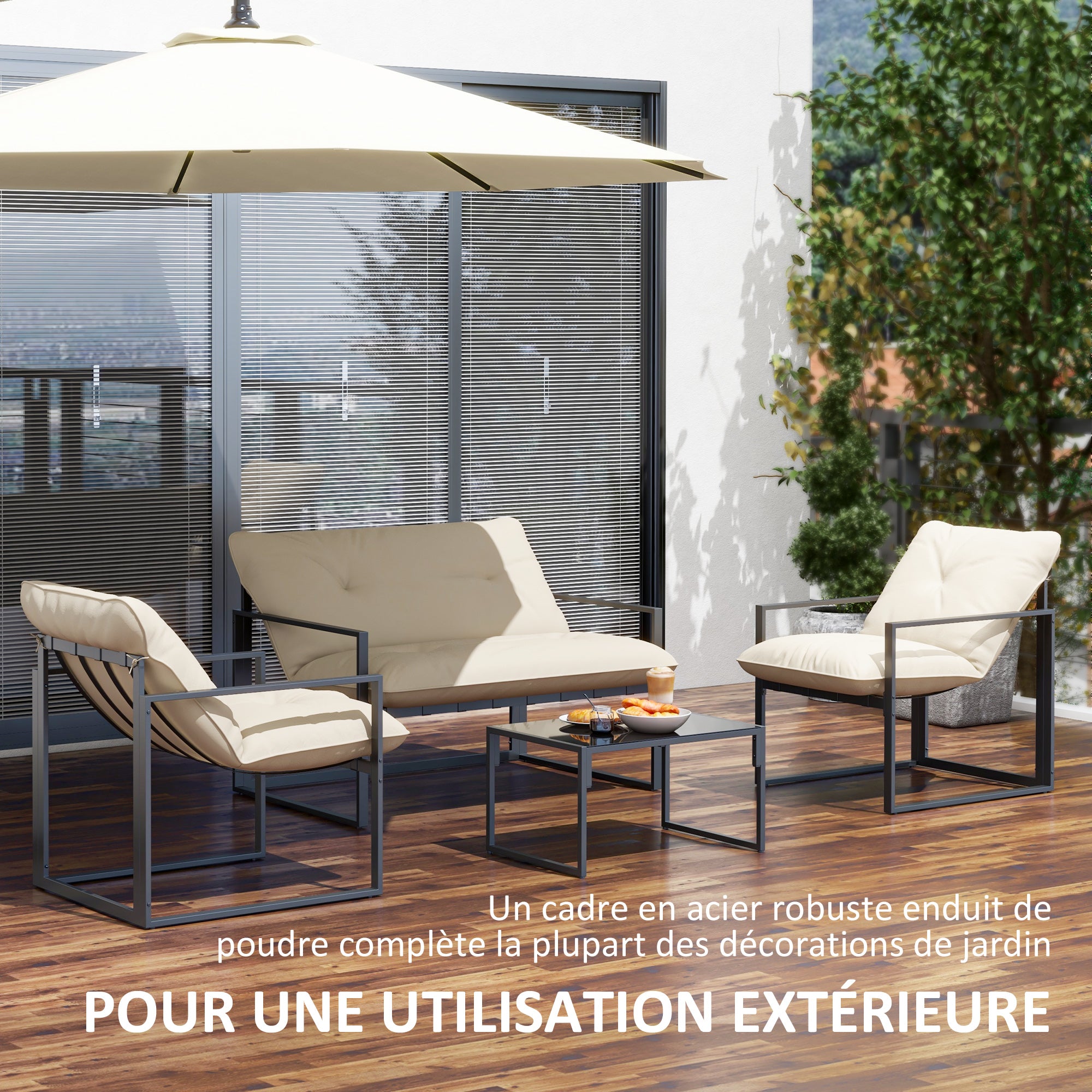 Solarias Salon de jardin 4 pièces 4 personnes avec canapé 2 places, 2 fauteuils et 1 table basse gris