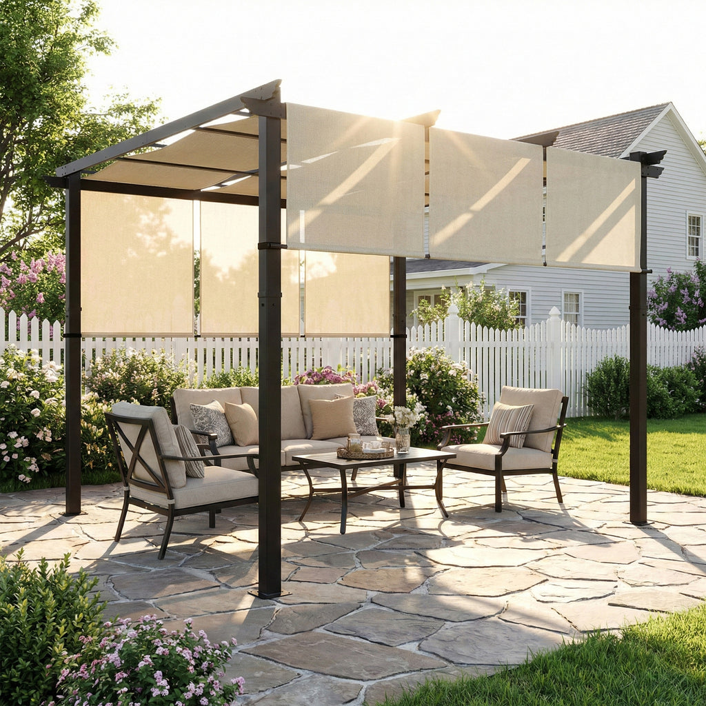 Solarias Pergola avec 3 toiles coulissantes 3 x 3 x 2,38 m structure acier noir toile polyester haute densité beige