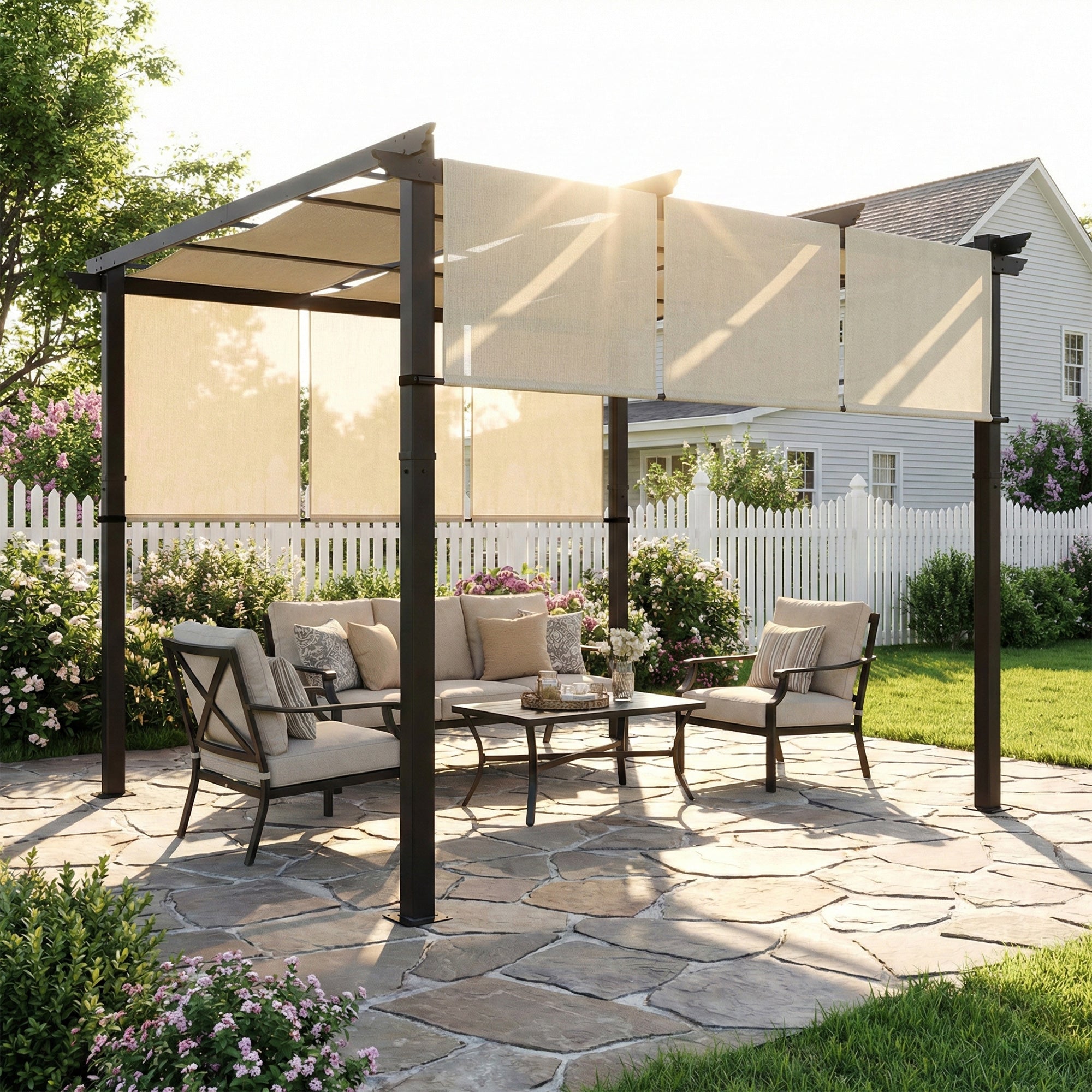 Solarias Pergola avec 3 toiles coulissantes 3 x 3 x 2,38 m structure acier noir toile polyester haute densité beige