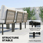 Solarias Salon de jardin extérieur d'angle modulable 6 personnes, table basse avec plateau en verre trempé, gris clair