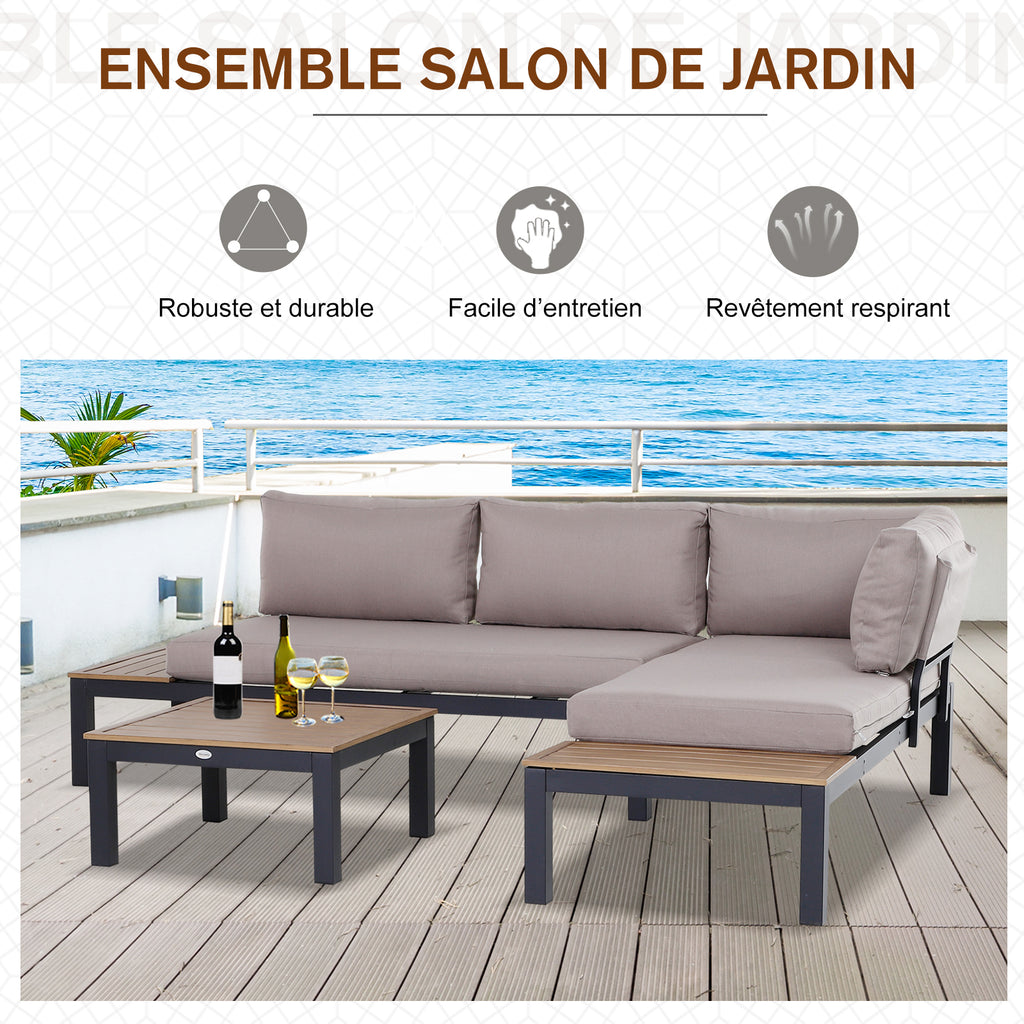 Solarias Ensemble Salon de Jardin d'angle Design Contemporain 5 Places Coussins Marron Table Basse alu. Noir et Imitation Bo
