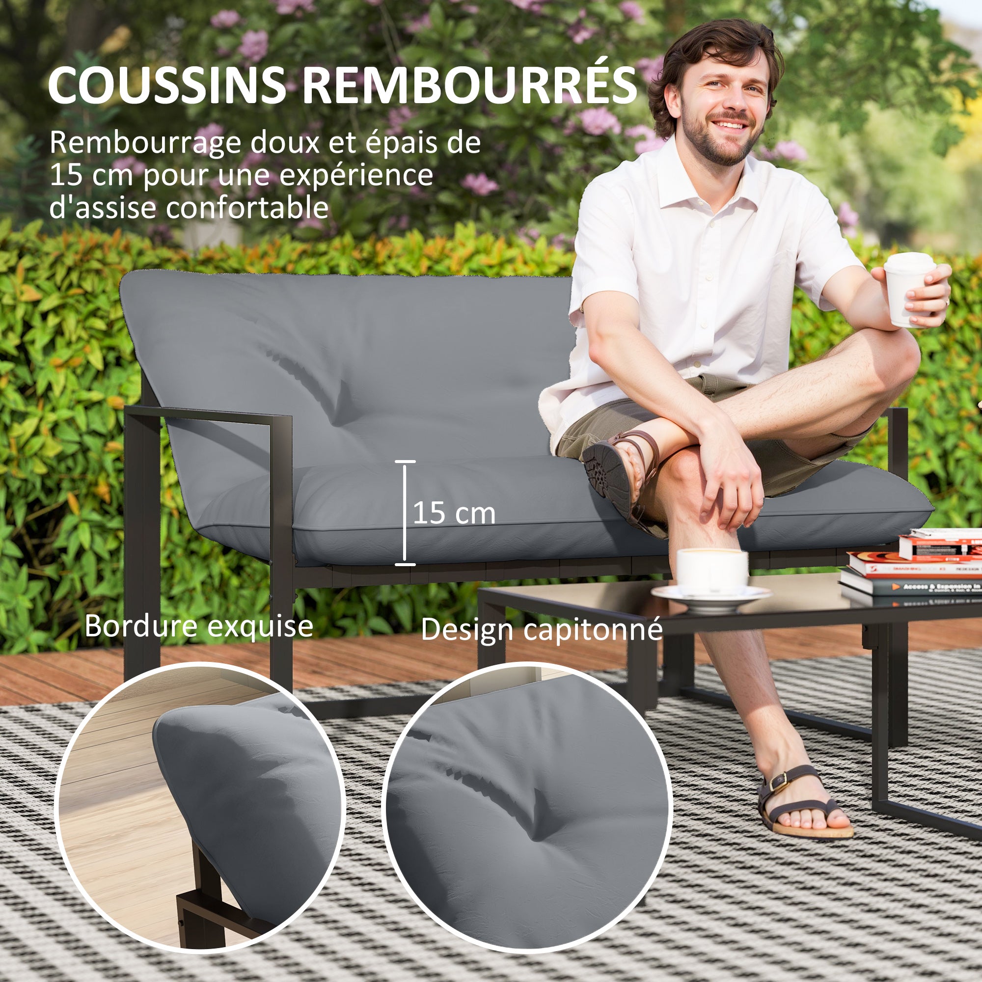 Solarias Salon de jardin 4 pièces 4 personnes avec canapé 2 places, 2 fauteuils et 1 table basse gris