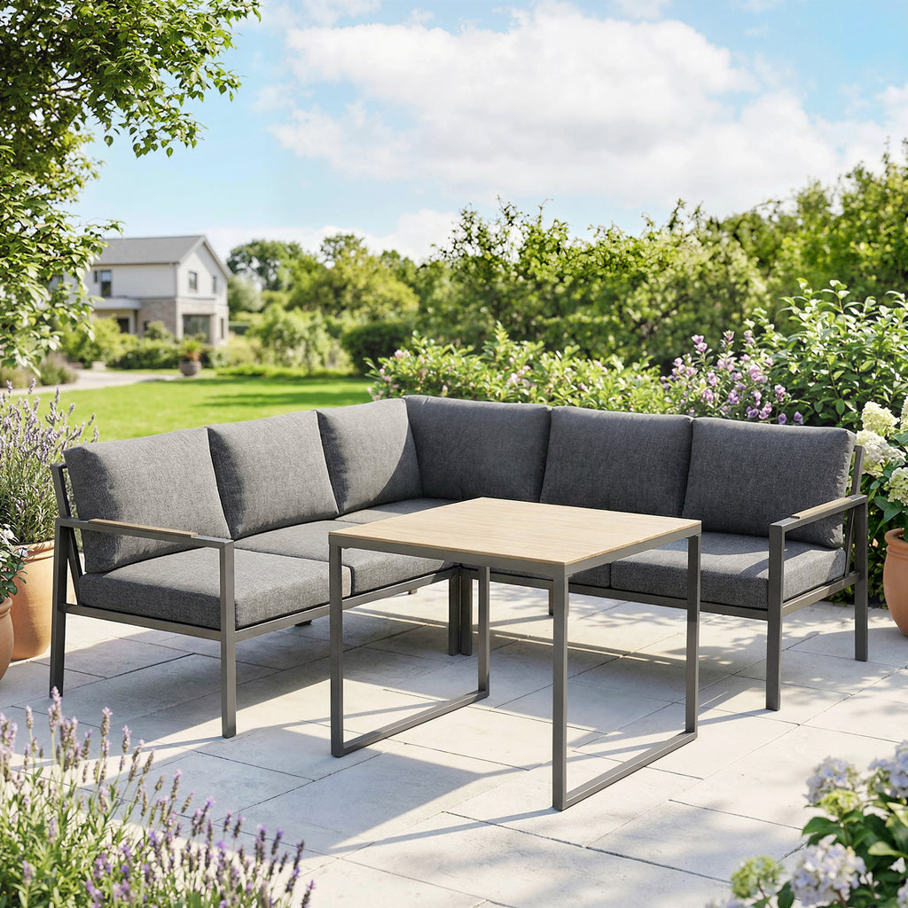 Solarias Salon de Jardin Extérieur 3 Pièces 5 Personnes, 2 Canapés avec Coussins Épais, 1 Table Basse, 183x183x72cm, Gris Fo