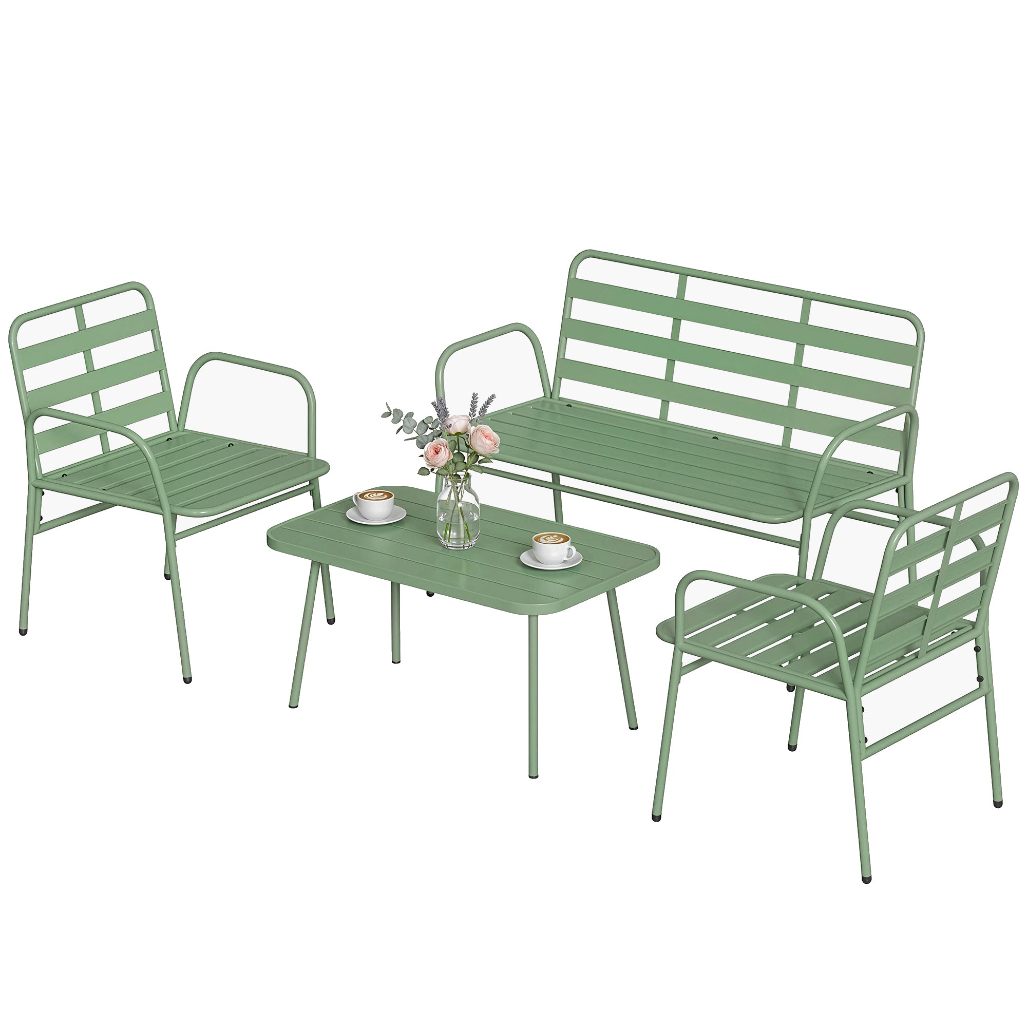 Solarias Salon de Jardin Extérieur en Acier 4 Pièces, Canapé 2 Places, 2 Fauteuils, Table Basse, à Lattes, 112x60x75cm, Vert