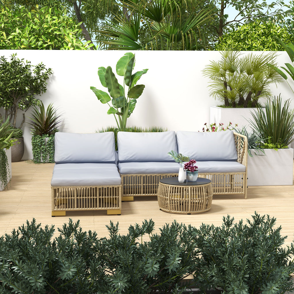 Solarias Ensemble 5 pièces salon de jardin bas modulables pour 4 personnes en résine tressée aspect rotin