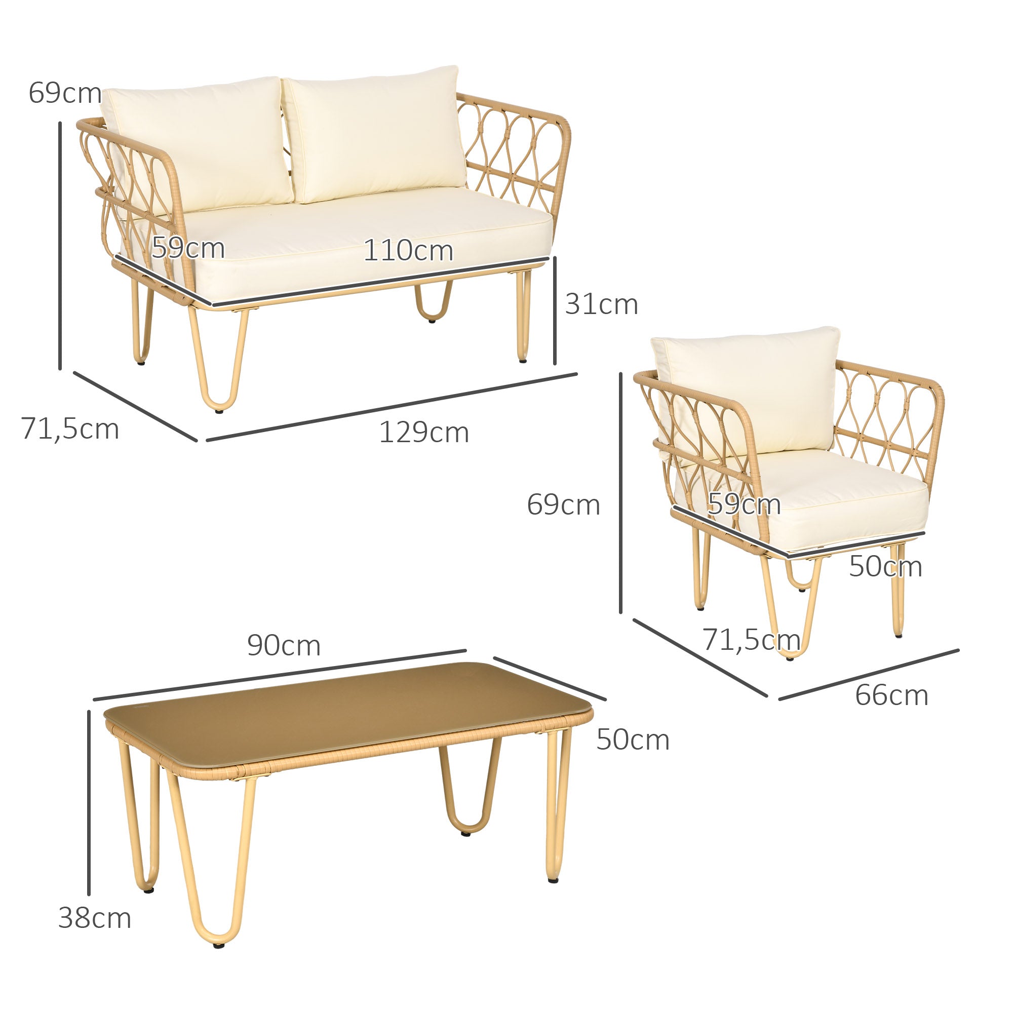 Solarias Ensemble salon de jardin canapé 2 places + 2 fauteuils + 1 table basse plateau verre trempé 7 coussins écru