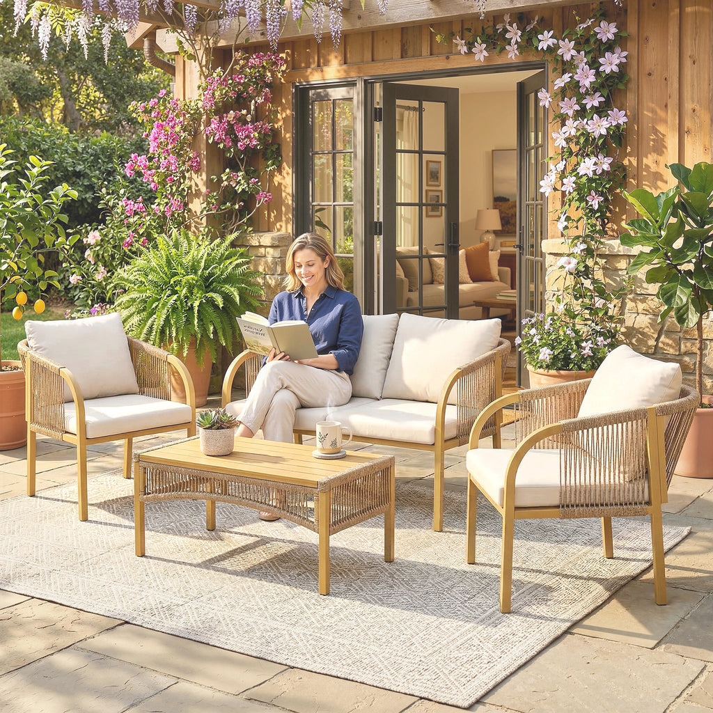 Solarias Salon de Jardin Extérieur 4 Pièces avec Canapé 2 Fauteuils Table Coussins, Acier Résine Tressée, 120x72x73cm, Kaki
