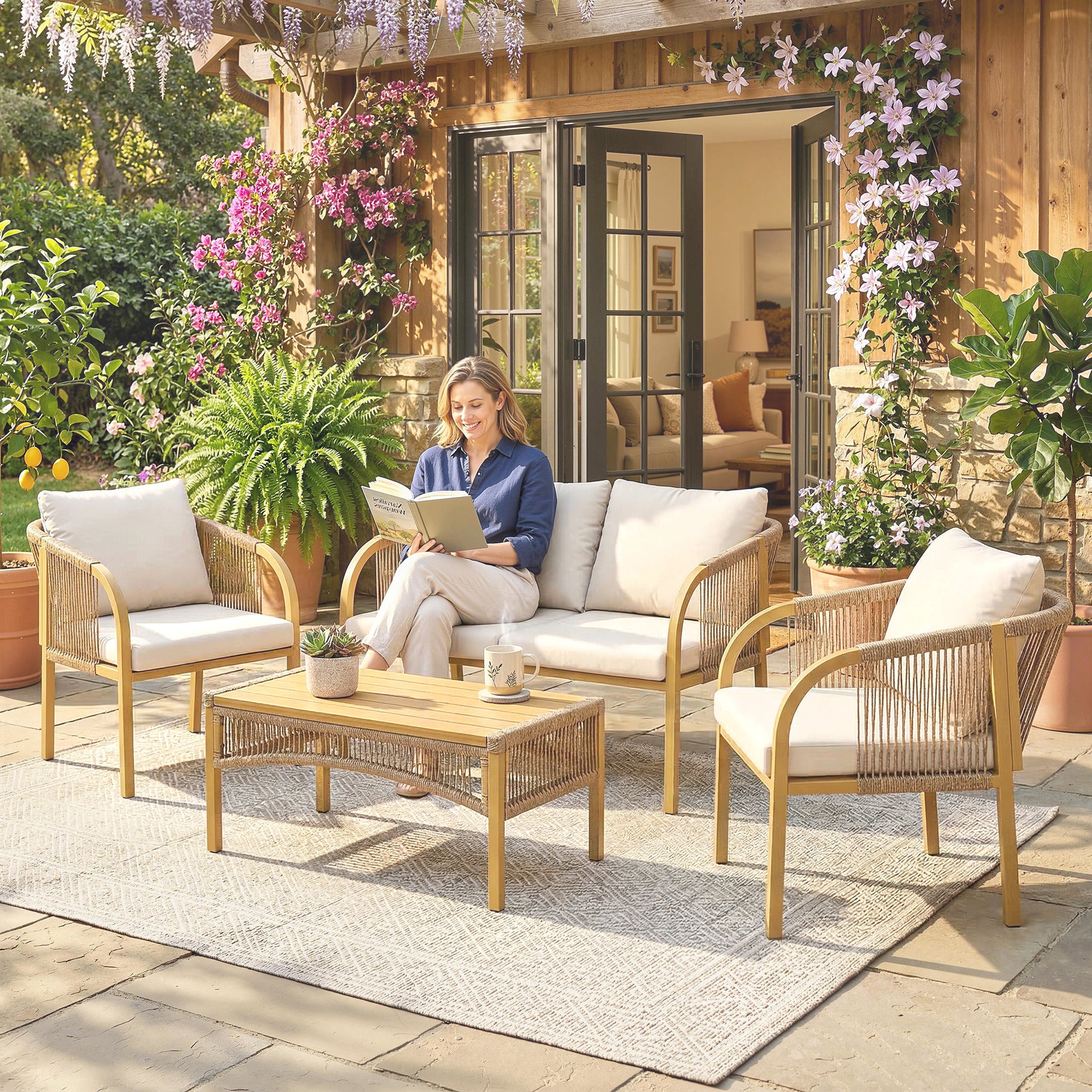 Solarias Salon de Jardin Extérieur 4 Pièces avec Canapé 2 Fauteuils Table Coussins, Acier Résine Tressée, 120x72x73cm, Kaki