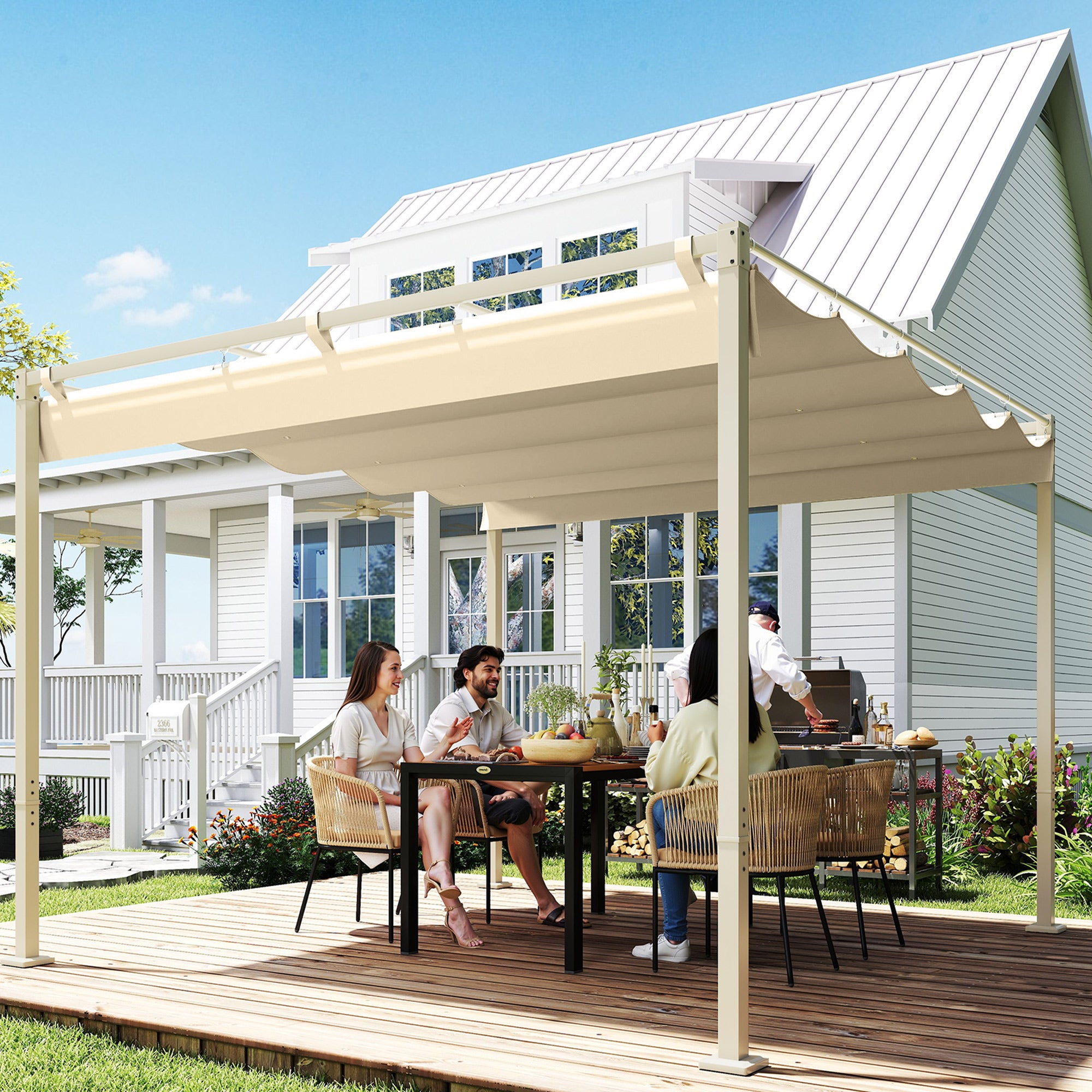 Solarias Pergola de jardin 3 x 3m avec toit rétractable et fixation magnétique, auvent de protection solaire, UPF30+, kaki