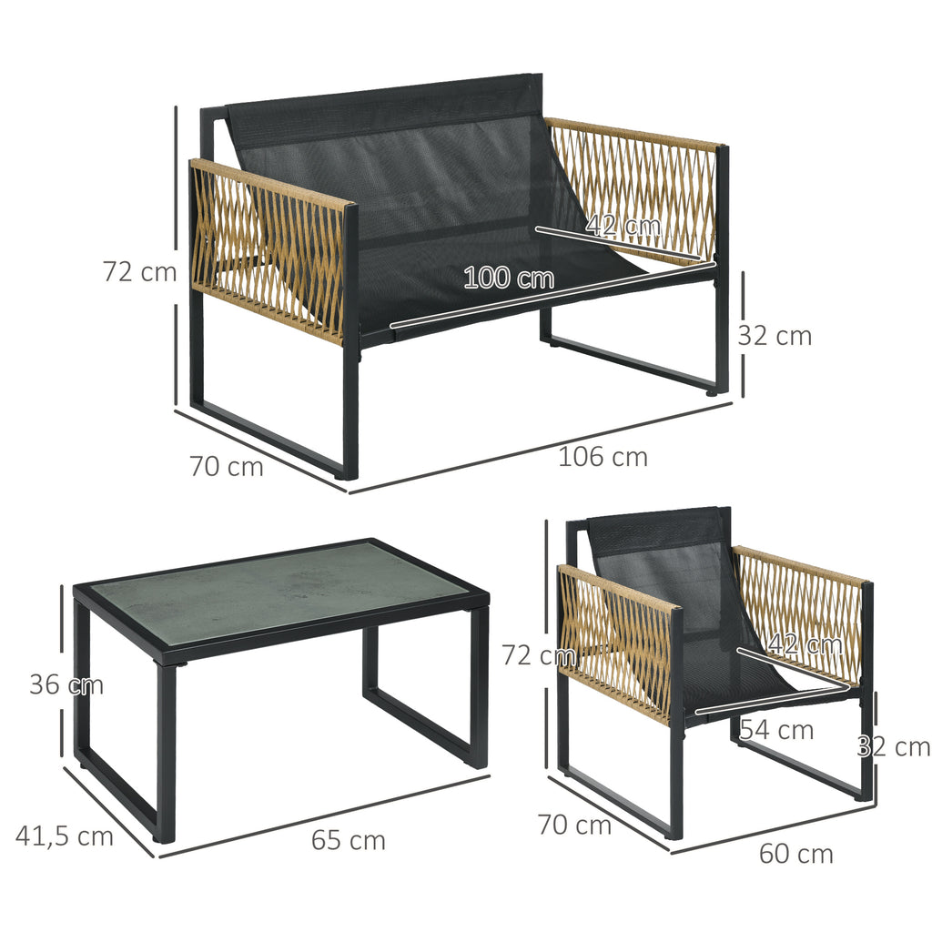 Solarias Ensemble salon de jardin 4 pièces canapé 2 places 2 fauteuils et 1 table basse plateau verre trempé 3 coussins - gr