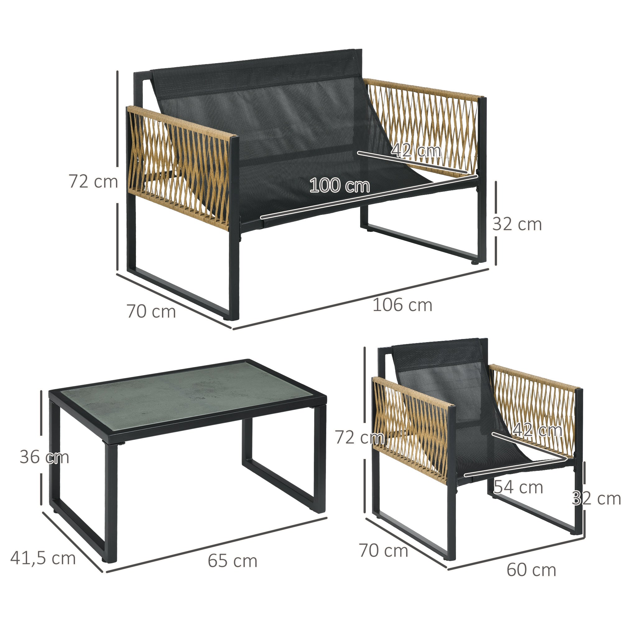 Solarias Ensemble salon de jardin 4 pièces canapé 2 places 2 fauteuils et 1 table basse plateau verre trempé 3 coussins - gr