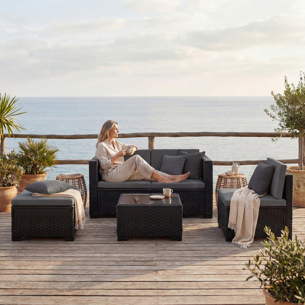 Solarias Ensemble Modulaire de Jardin en Rotin 5 Pièces avec Coussins, Canapé d'Angle Gris