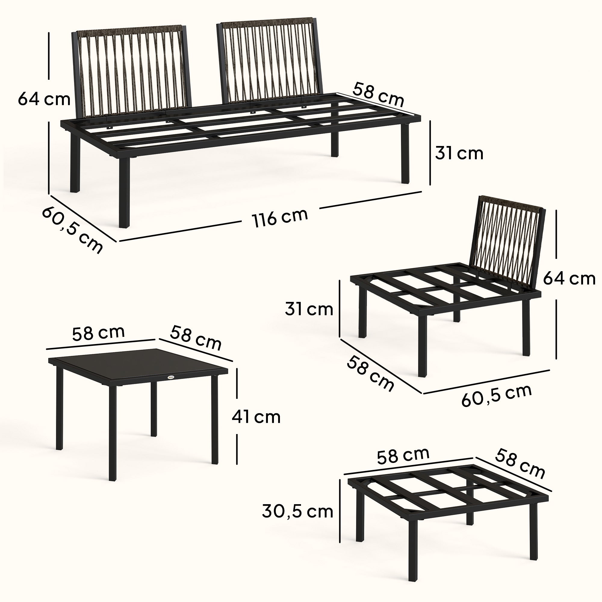 Solarias Salon de jardin extérieur d'angle modulable 6 personnes, table basse avec plateau en verre trempé, gris clair