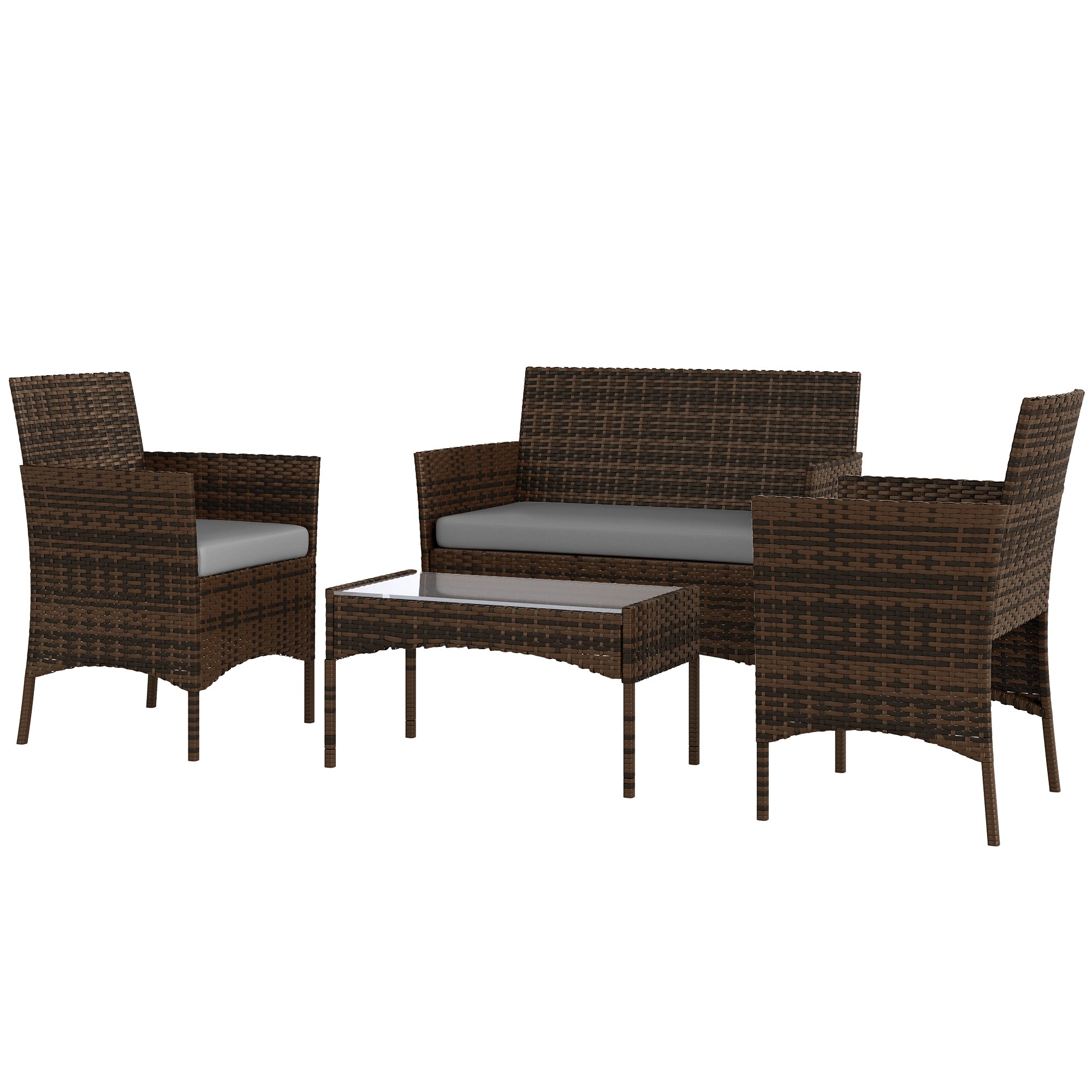 Solarias Ensemble de meubles de jardin en rotin synthétique avec canapé, fauteuils et table en verre trempé et coussins marr