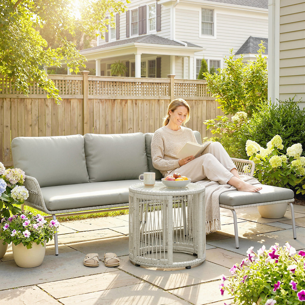 Solarias Polyrattan Set de meubles de jardin 3 pièces, salon avec chaiselongue canapé 2 places table en verre coussins amovi