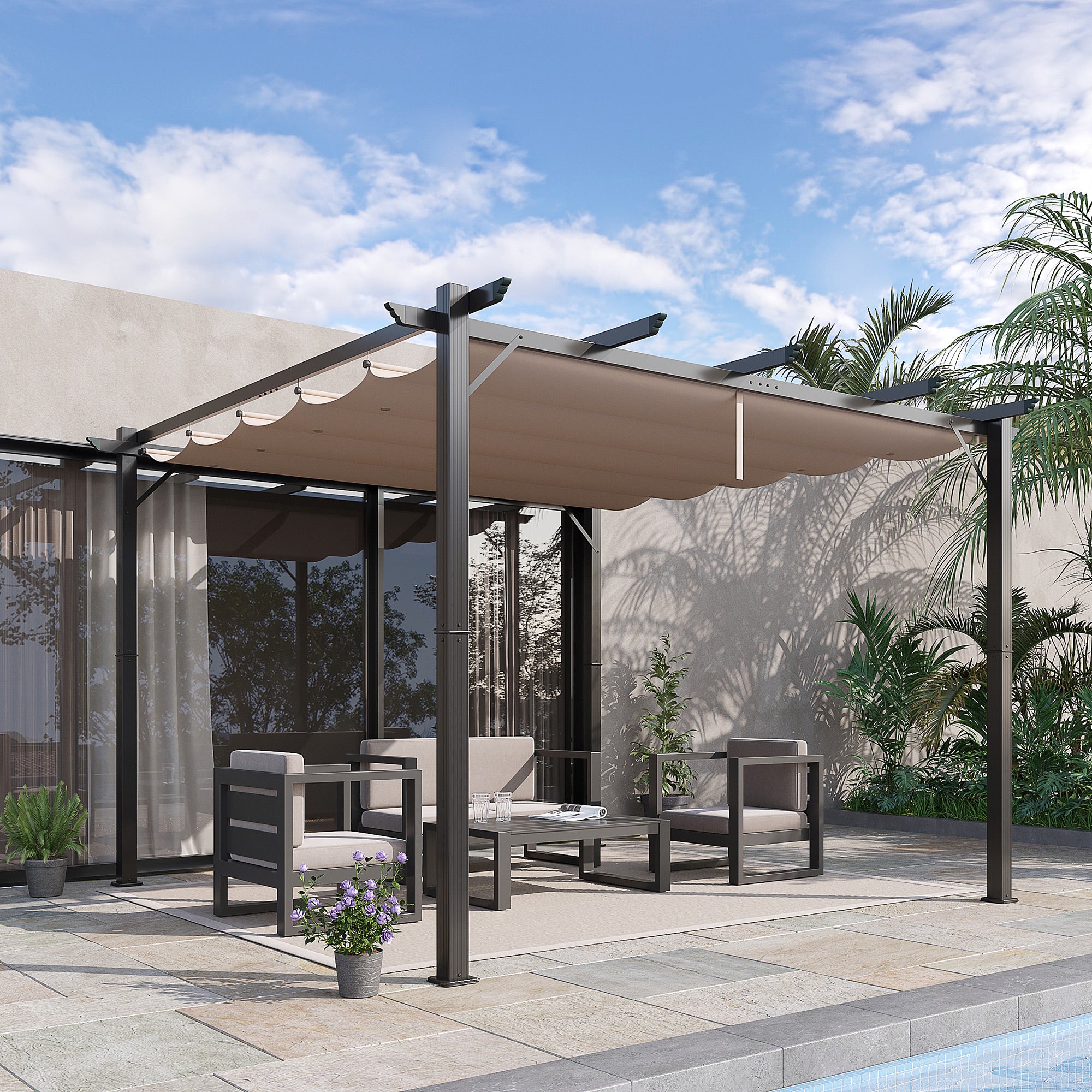 Solarias Pergola Pavillon Terrassenüberdachung avec Toit Coulissant Jardin Aluminium Gris Charbon+Marron Café 3x3x2,23 m