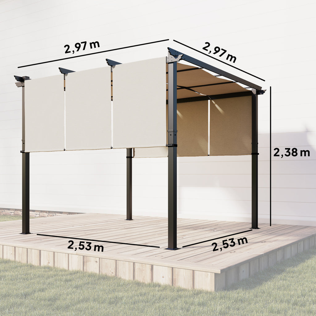 Solarias Pergola avec 3 toiles coulissantes 3 x 3 x 2,38 m structure acier noir toile polyester haute densité beige