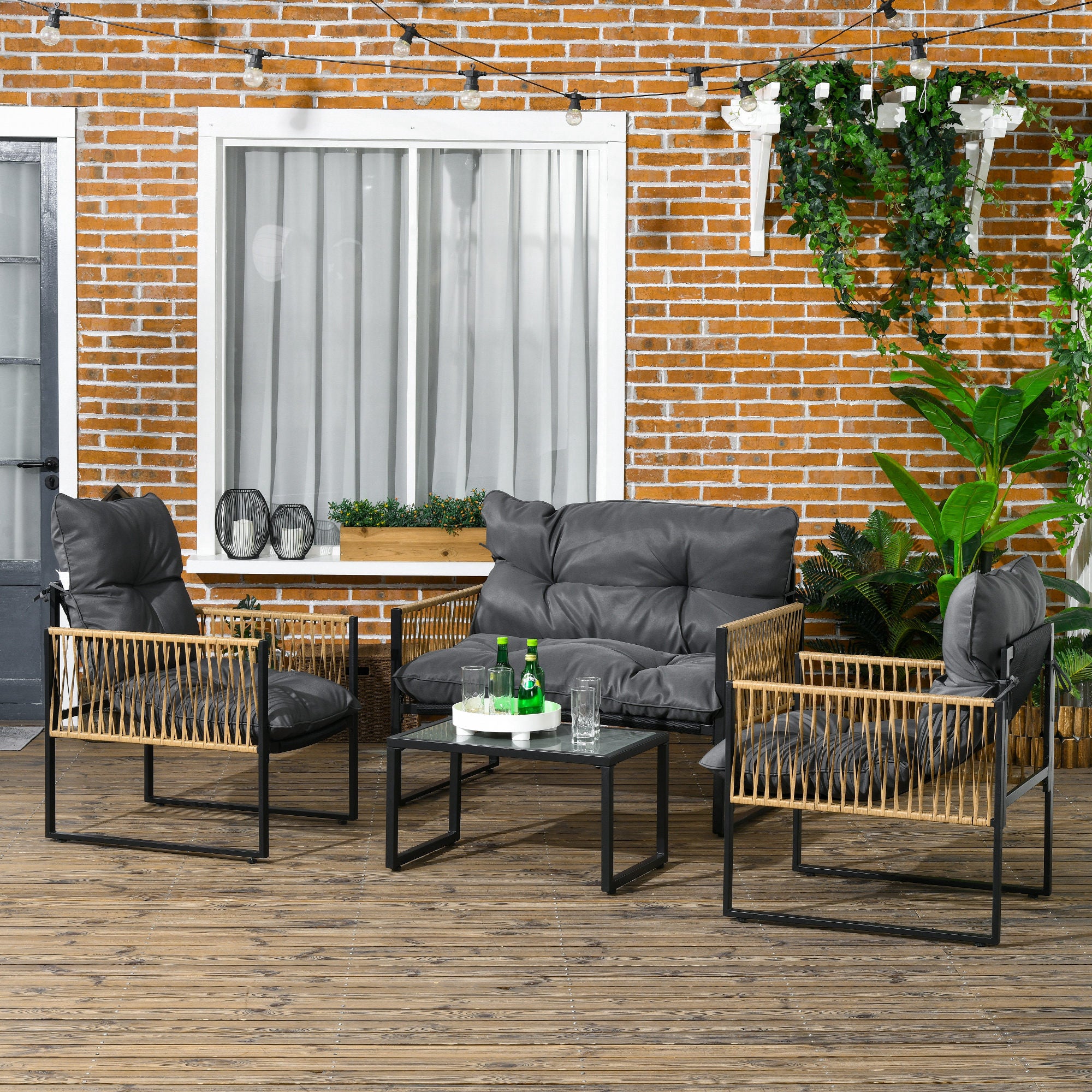 Solarias Ensemble salon de jardin 4 pièces canapé 2 places 2 fauteuils et 1 table basse plateau verre trempé 3 coussins - gr