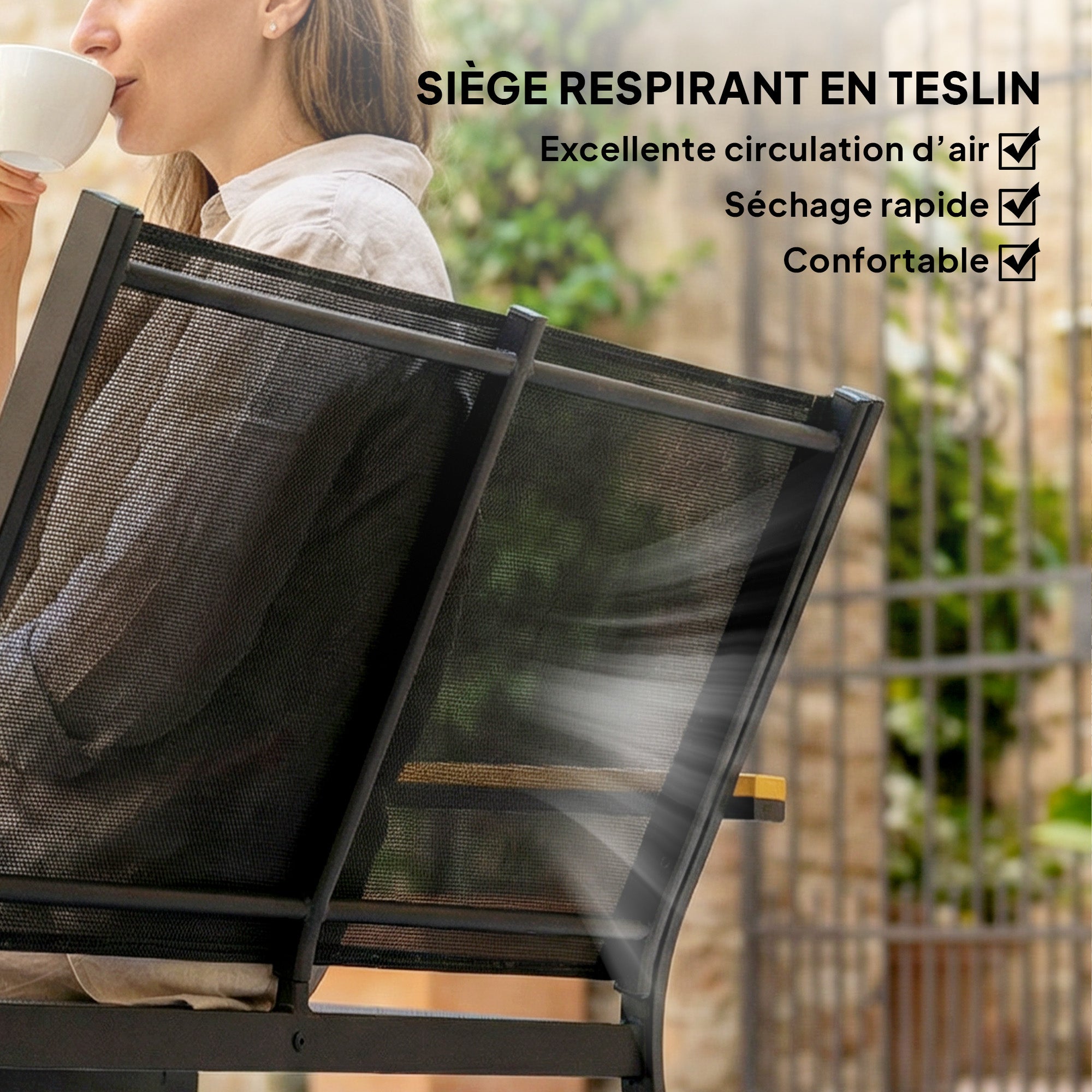 Solarias Salon de jardin extérieur 4 pièces avec canapé 2 places, 2 chaises et table basse en verre trempé, noir