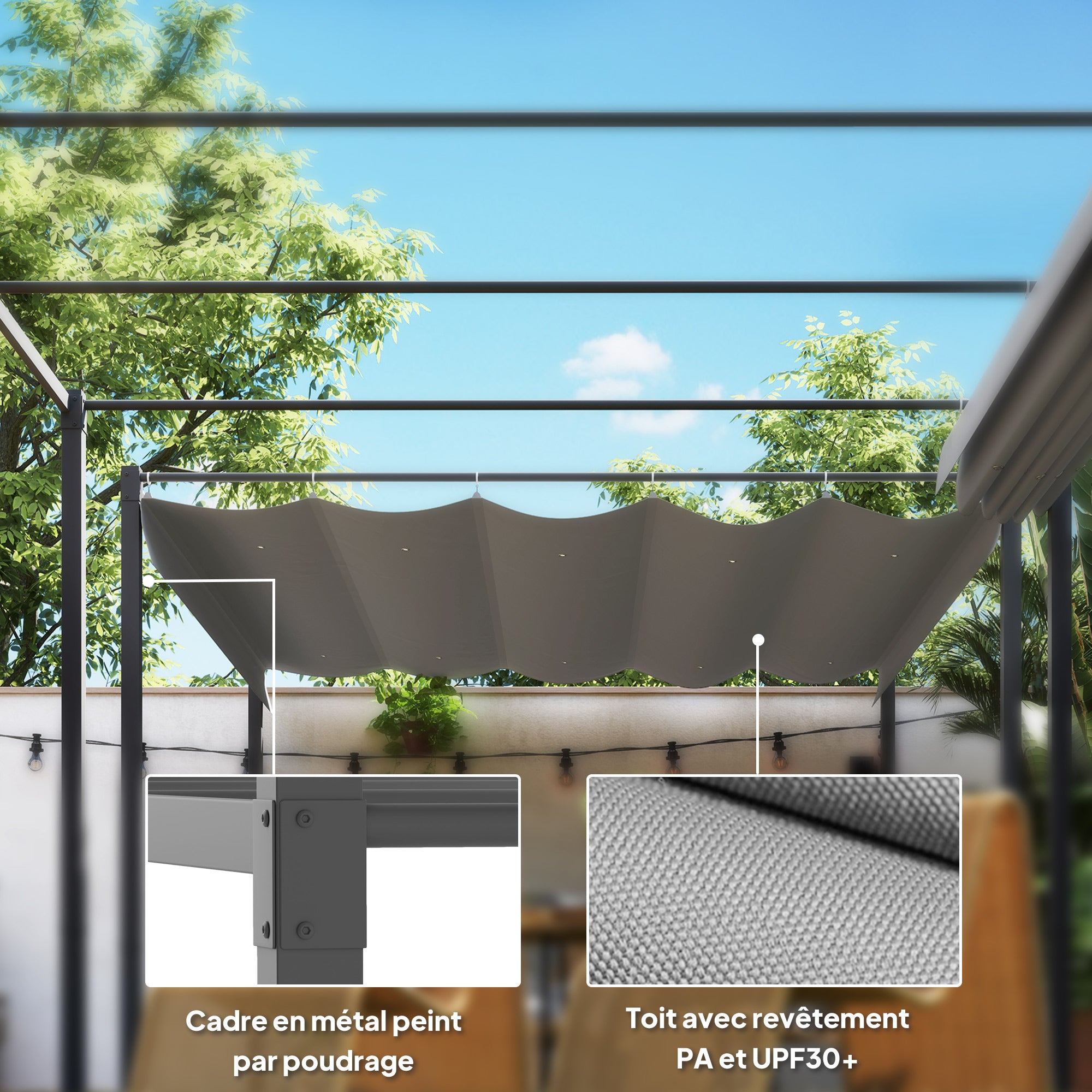 Solarias Pergola Rétractable Coulissante 3 x 3 m tonnelle de Jardin à fixation magnétique Tissu Polyester Haute densité gris