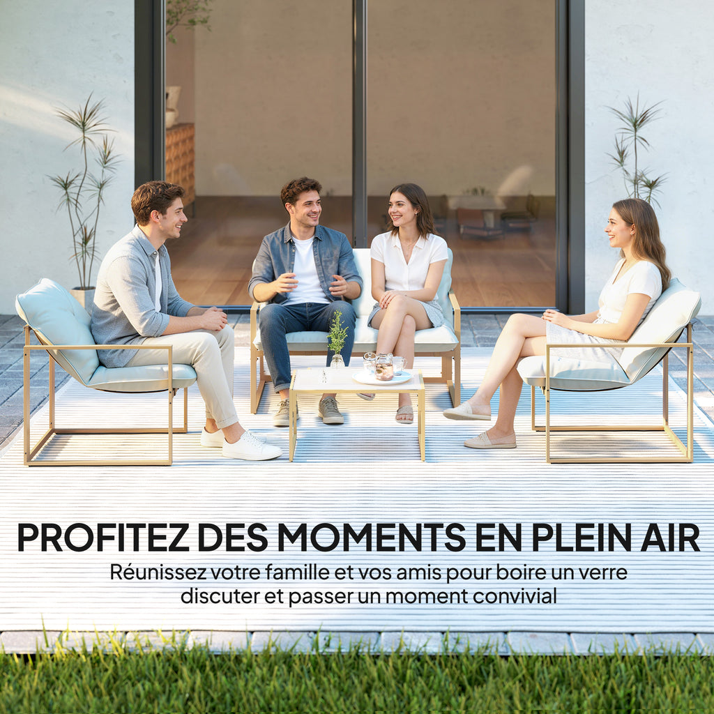 Solarias Salon de jardin extérieur 4 pièces avec coussins ultra-épais 15cm canapé 2 places avec table basse et 2 fauteuils k
