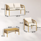 Solarias Salon de Jardin Extérieur 4 Pièces avec Canapé 2 Fauteuils Table Coussins, Acier Résine Tressée, 120x72x73cm, Kaki