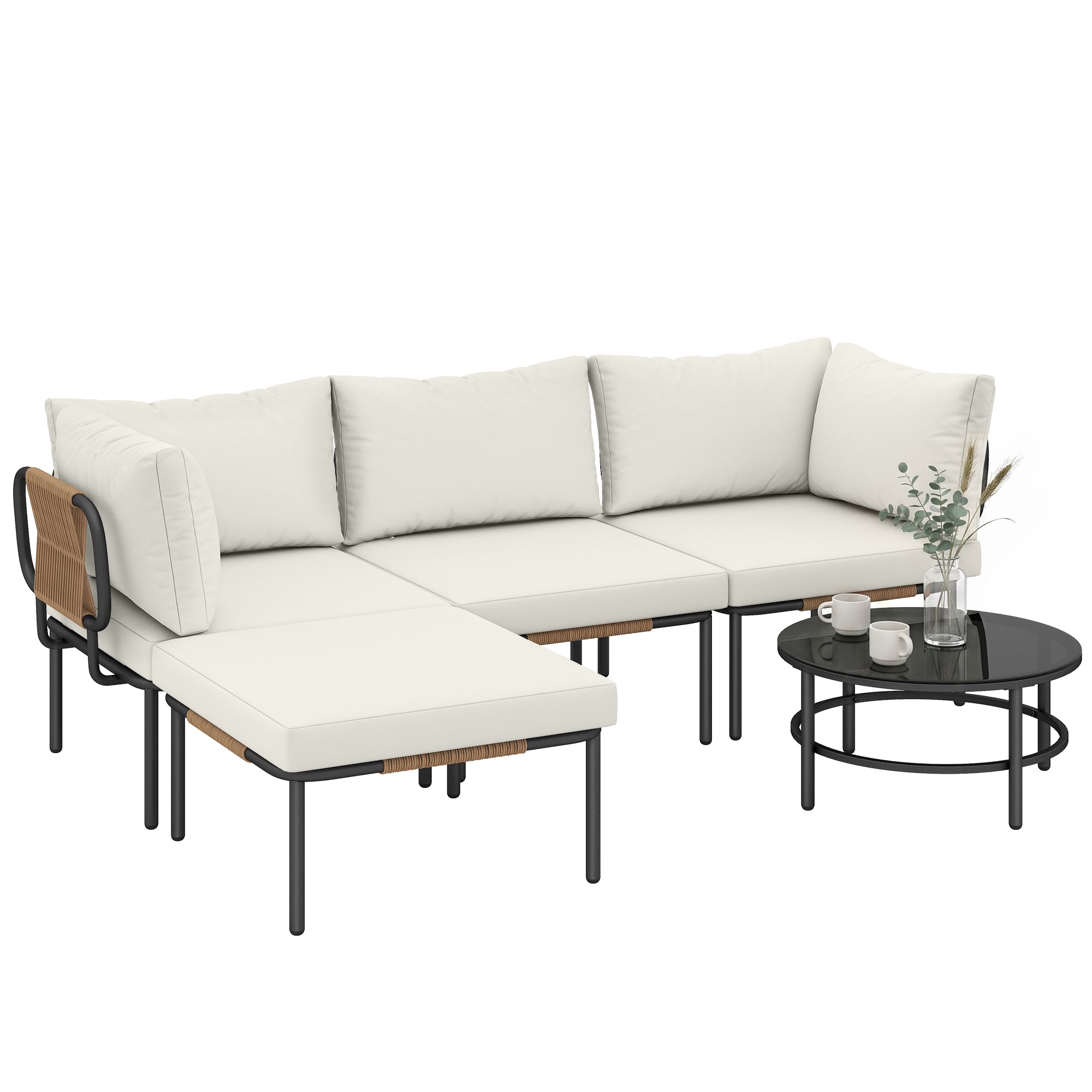 Solarias Ensemble Jardin 5 Pièces, Rotin Modulable en L avec Coussins, Couleur Kaki