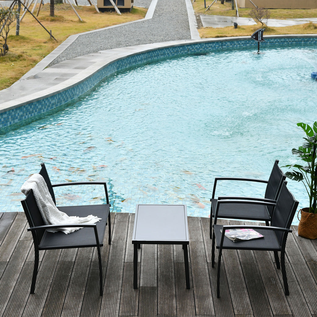 Solarias Salon de jardin extérieur 4 pièces avec canapé 2 places, 2 chaises et table basse en verre trempé, coussins inclus,