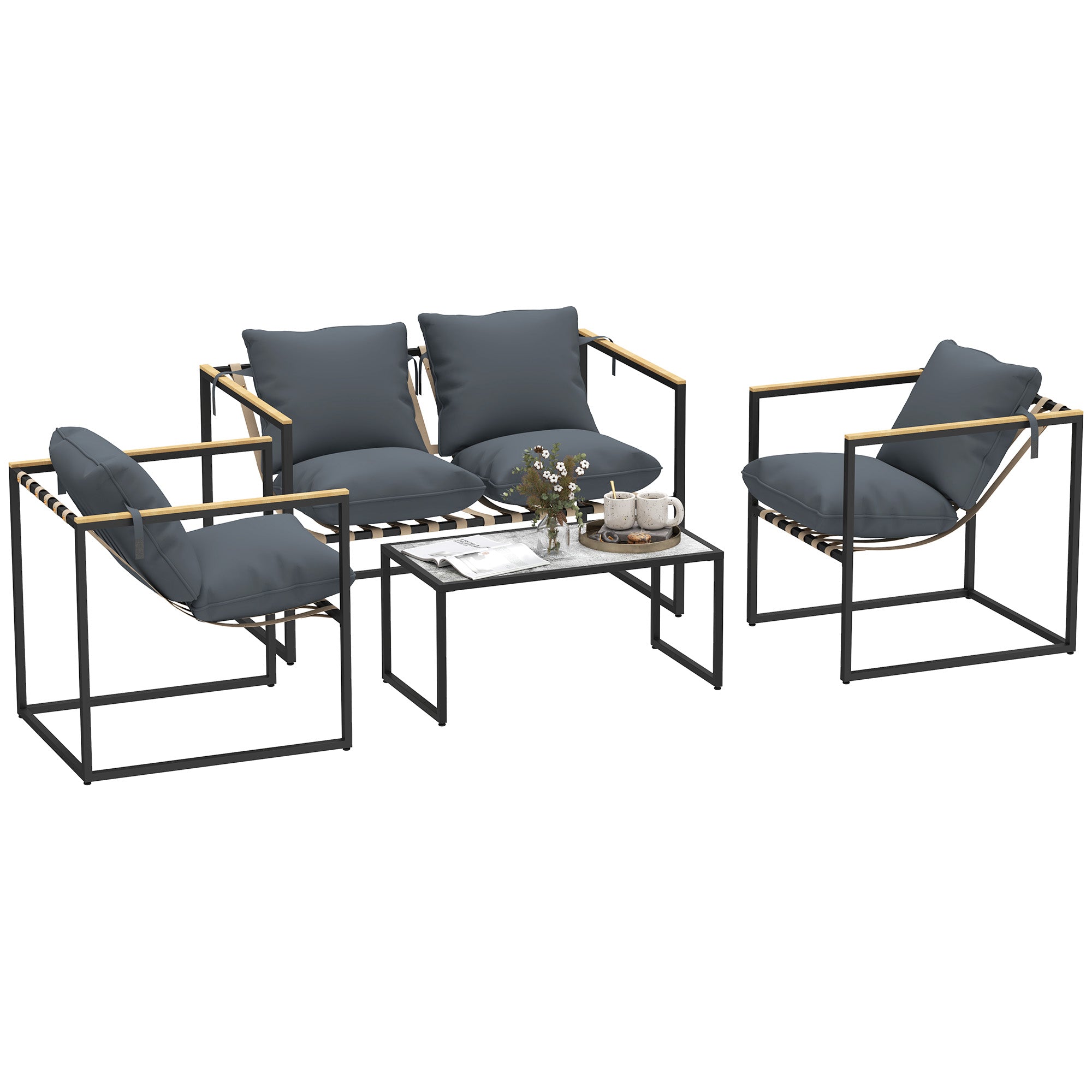 Solarias Ensemble de meubles de jardin 4 pièces, ensemble de mobilier extérieur, 2 fauteuils, canapé 2 places, 1 table, remb
