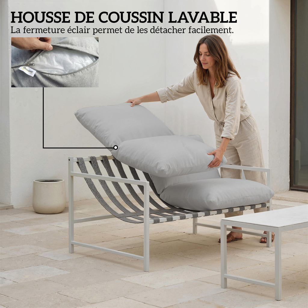 Solarias Salon de Jardin Extérieur 2 Pièces, Canapé avec Coussins, Table Basse en Verre Trempé Marbré 3D, 125x80x64cm, Gris 