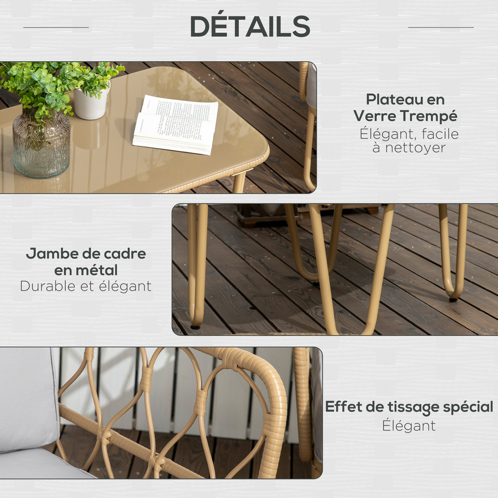 Solarias Ensemble salon de jardin canapé 2 places + 2 fauteuils + 1 table basse plateau verre trempé 7 coussins gris