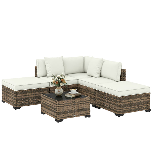Solarias Salon de jardin extérieur d'angle 5 places en résine tressée, canapés, repose-pieds, table basse et coussins, c